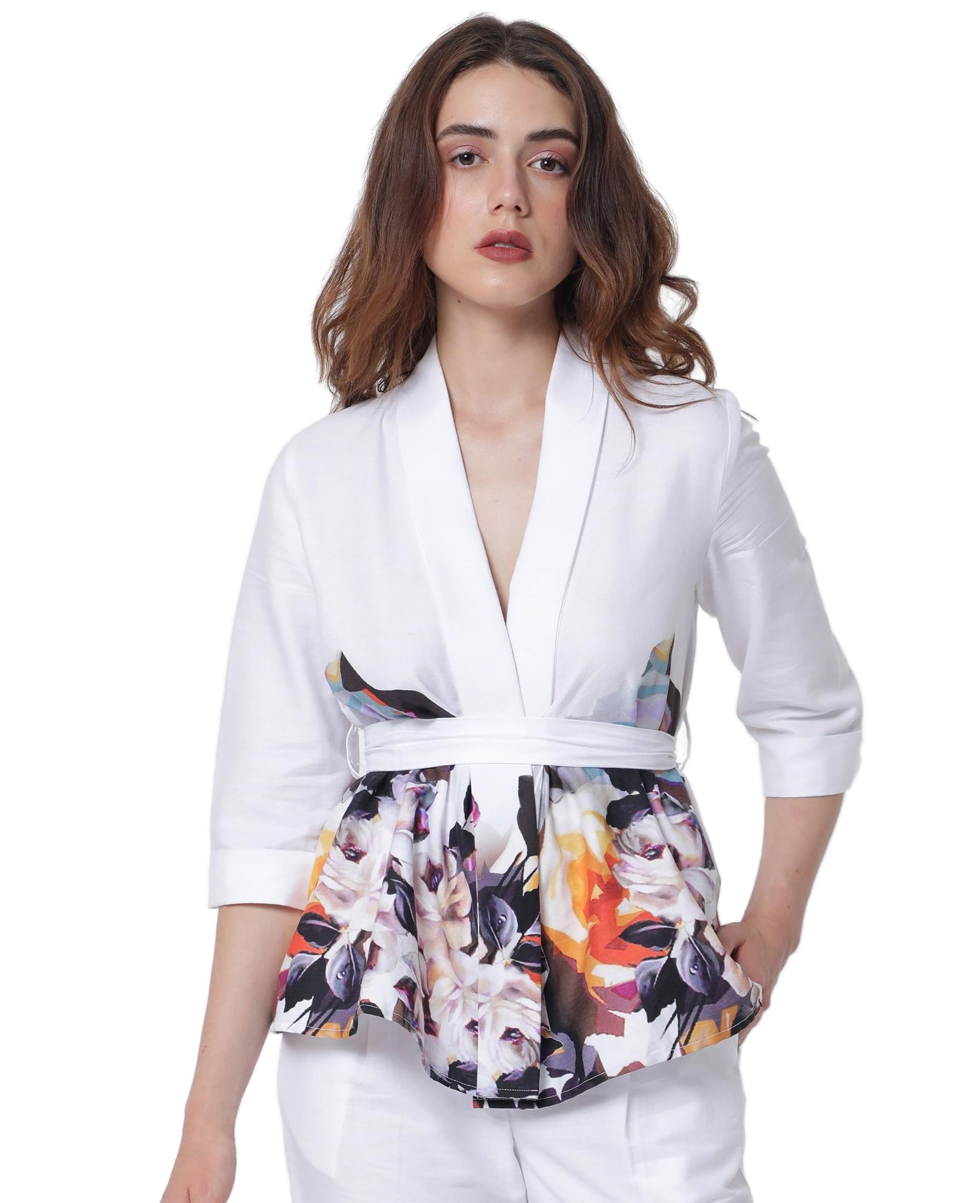 rareism Relaxed Floral White Cotton Collarless 3/4 Sleeve Shrug-picture-37