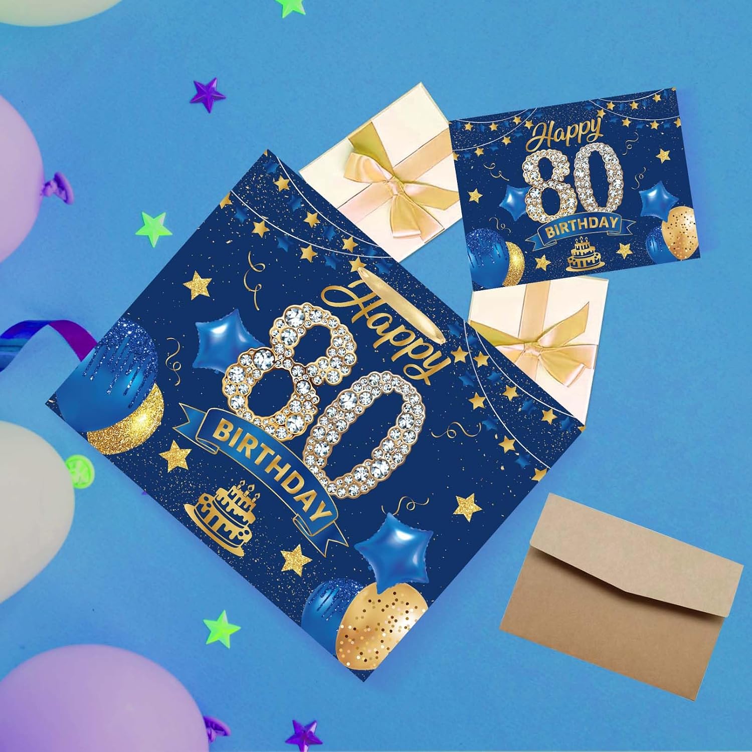 Blue & Gold 80th Gift Bag, Large Happy 80th Birthday Bag with Card & Tissue Paper for Men & Women Anniversary Party Favors & Goodie Birthday Wrapping Bag Supplies image 5