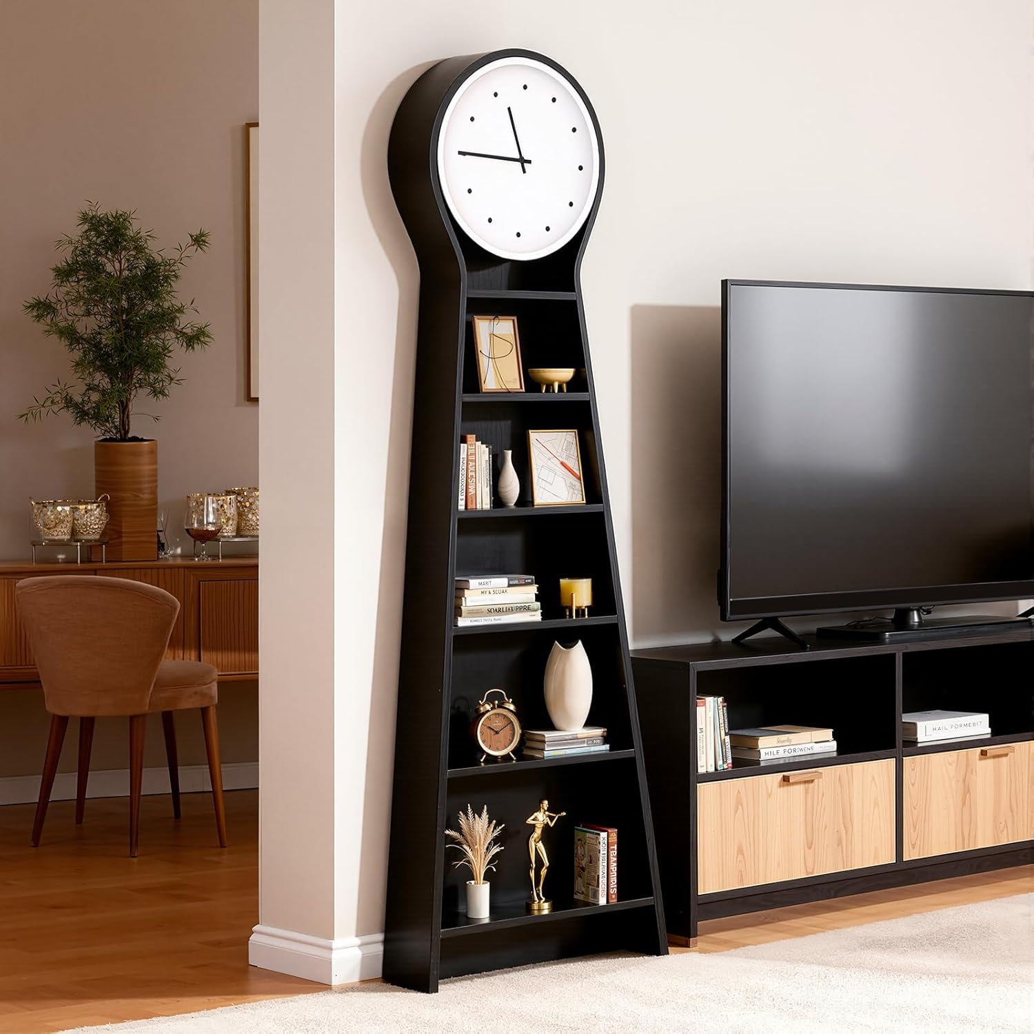 Ryoko Floor Clock Bookshelf, 5-Tier Storage Cabinet with Large Silent Quartz Clock, Grandfather Wood Clock,Simple Modern Nordic Solid Wood Bookcase Display Shelf for Living Room, Bedroom, Home Office