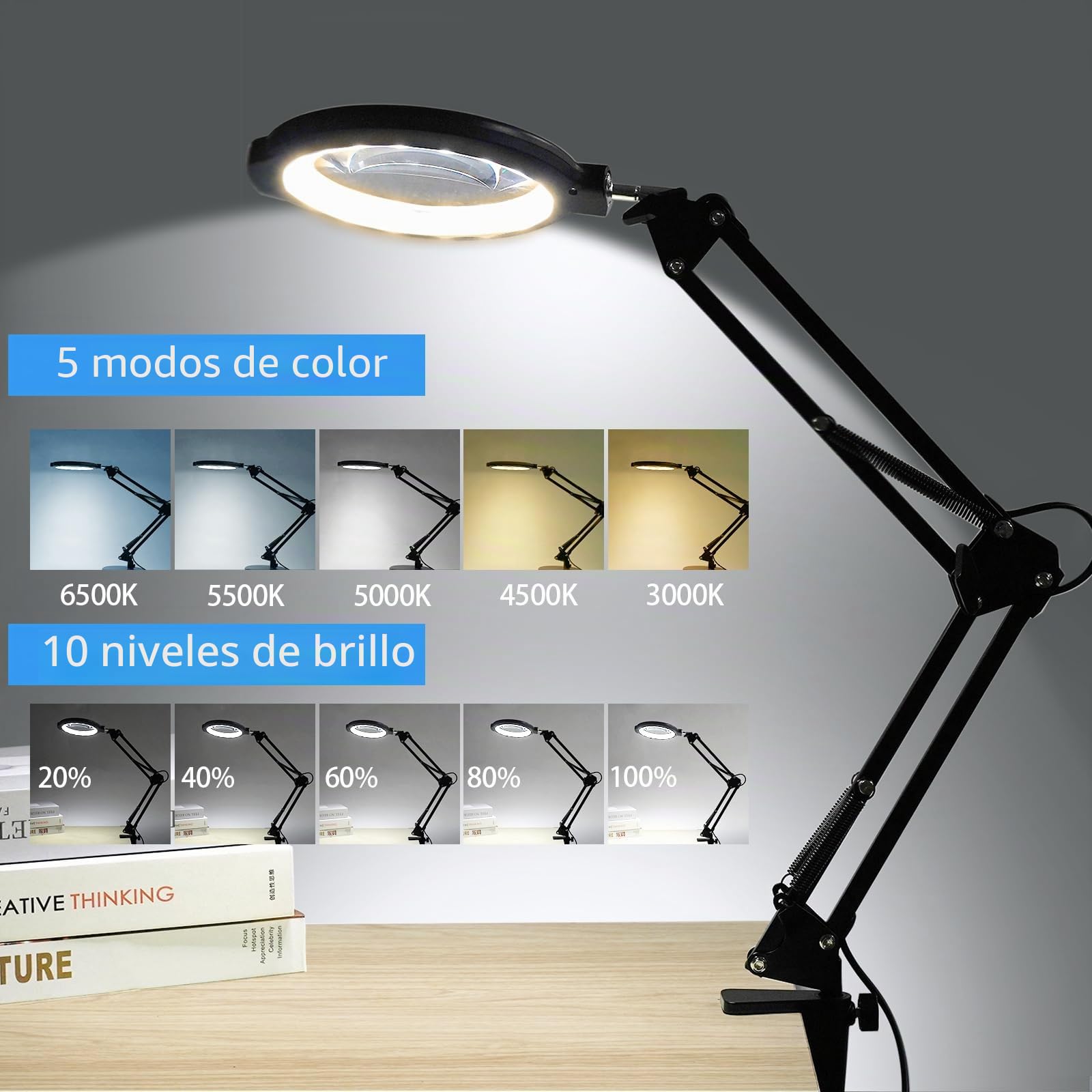 12X Lupa grande con luz y soporte, lámpara de escritorio iluminada con 5 modos de color 10 brillo regulable, lupa con luz manos libres con abrazadera para leer reparación cerrar trabajo