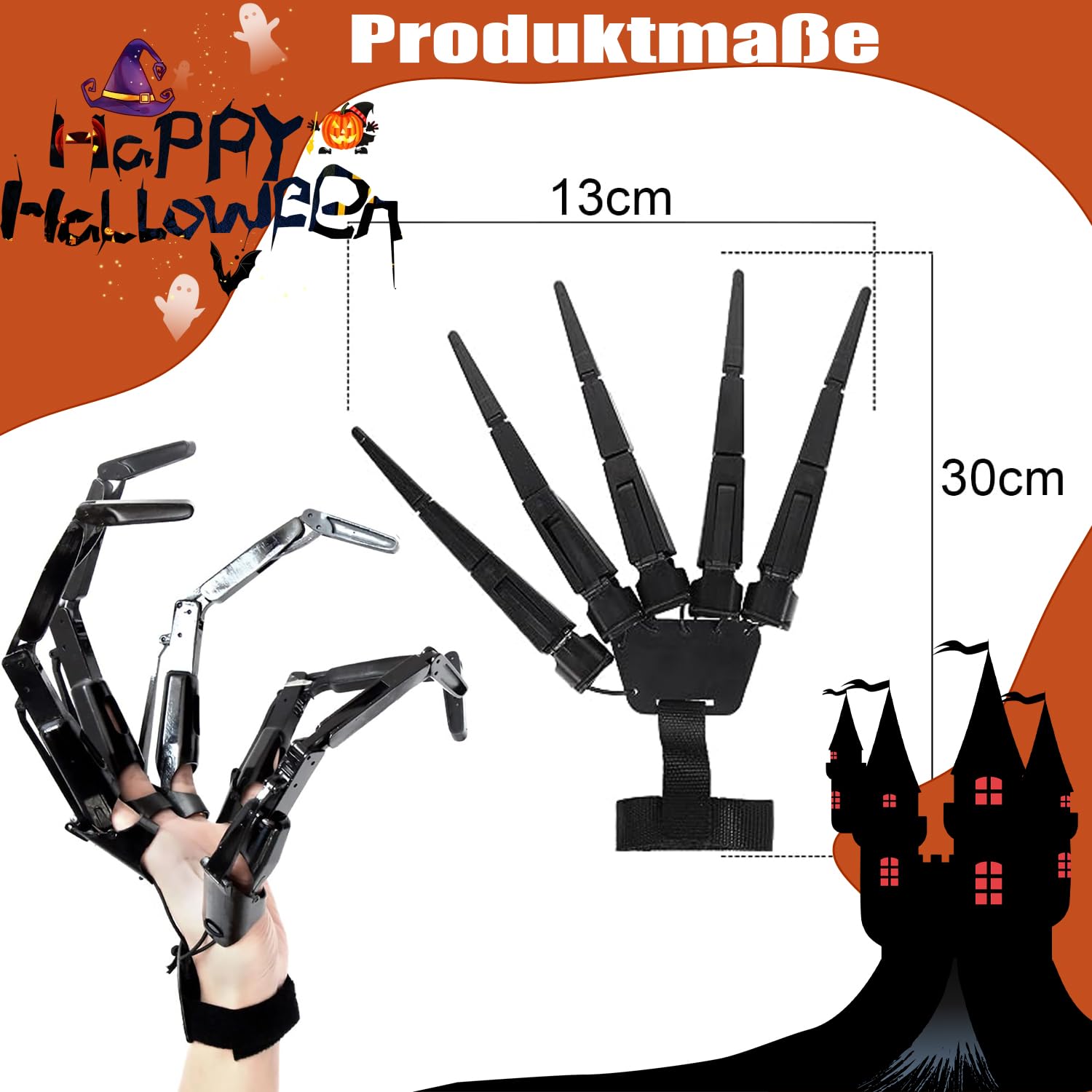 1 paio di dita articolate nere di Halloween, indossabili per dita articulate, con teschio e ditate, per tutte le dita e regolabili, per feste di Halloween, costume cosplay