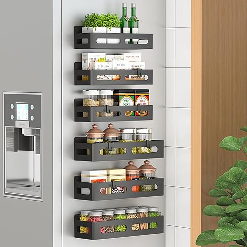 Miniatura 33 de Paquete de 4 estantes magnéticos para especias para refrigerador, organizador de especias, estante magnético móvil con 4 ganchos para organización
