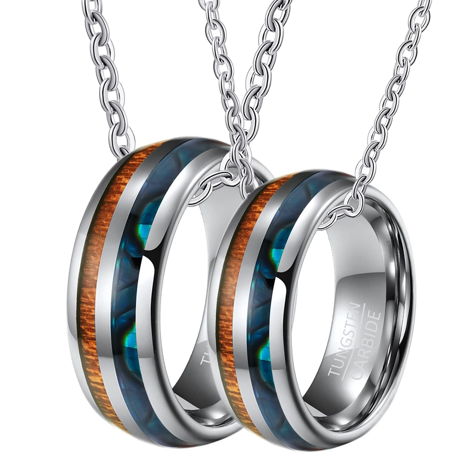 Epinki 2 Stück Pärchen Kette mit Gravur in Wolfram, Holz Muschel Ringe Anhänger Pärchen Ketten für 2 mit Gravur, Silber für Frauen & Männer, Breite 8mm - Herrenkette 60cm, Damenkette 50cm