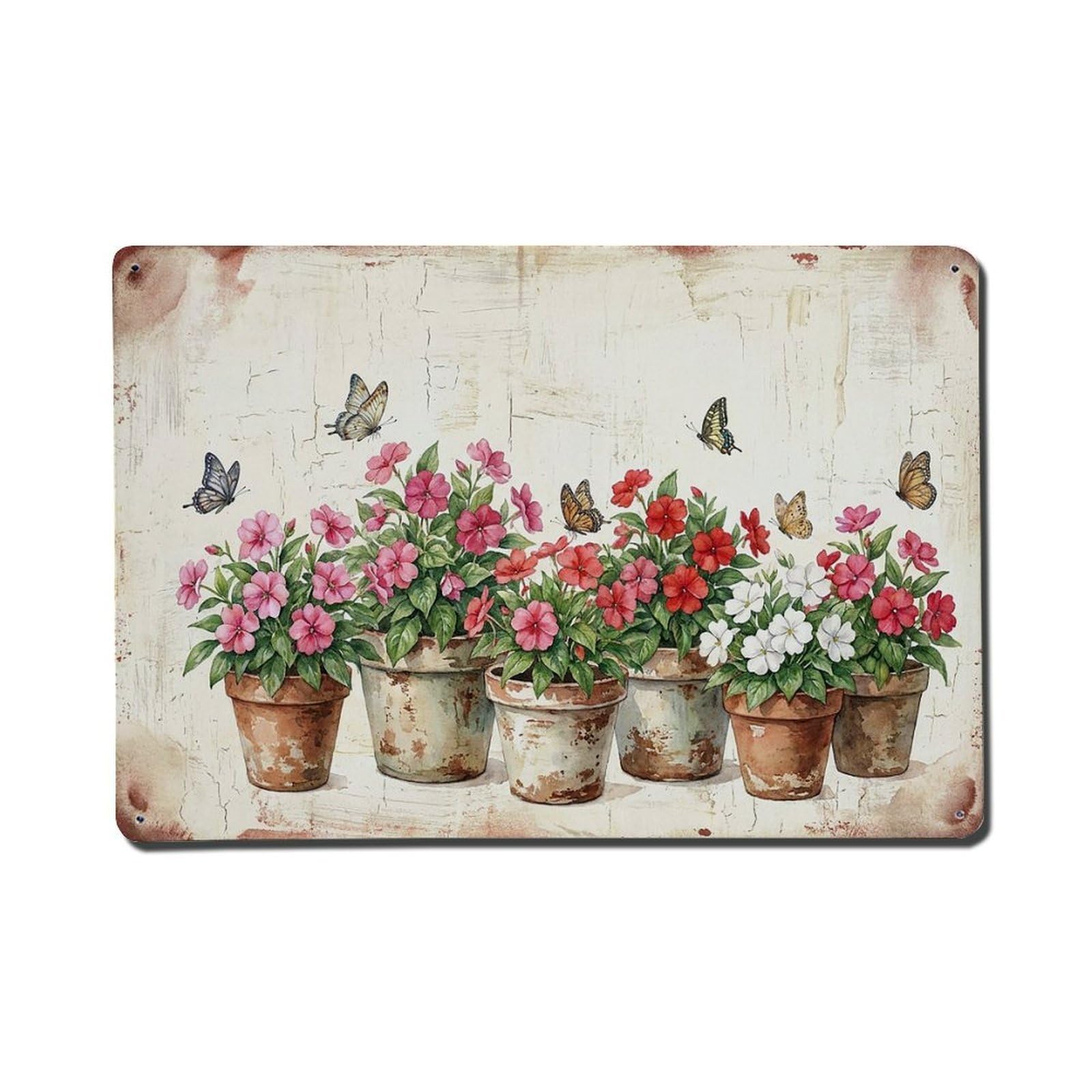 Vintage Rustic Flower Potted Plants Impatiens Metal Tin Sign