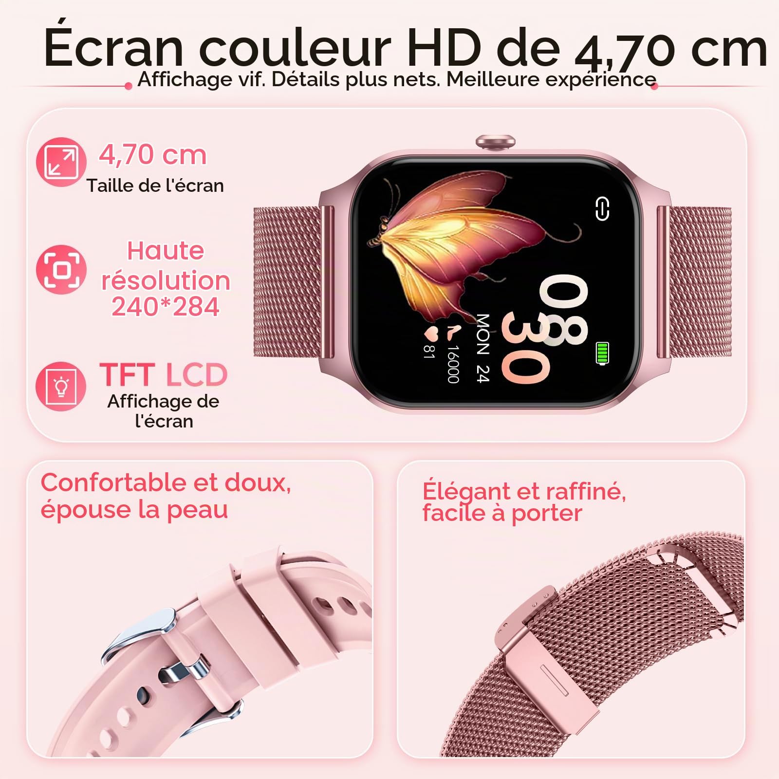 Montre Connectée Femme avec Appel Bluetooth,1.85"HD Smartwatch Femme avec Fréquence Cardiaque/Sommeil/SpO2, 120+ Modes Sportifs, IP68 Étanche Fitness Tracker, Montre pour Android iOS Rose Pêche