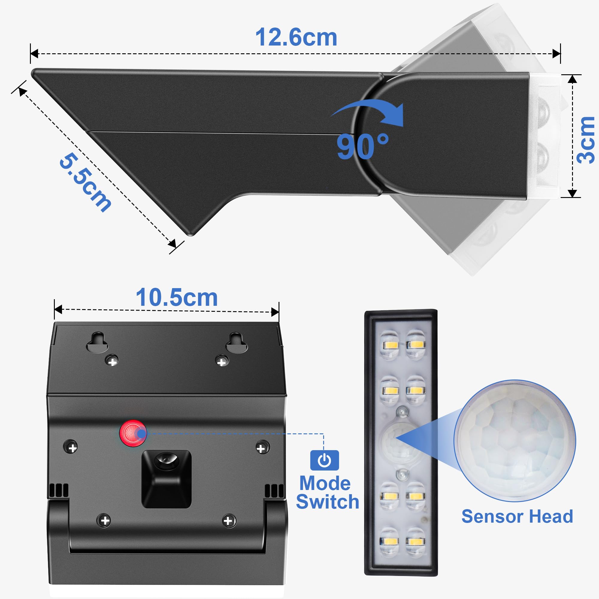 Luz Solar Exterior, 2 Paquete 90° Ajustable IP65 Impermeable Súper Brillante Foco Potente con Sensor de Movimiento, Lampara Solar para Jardín Garaje Patio