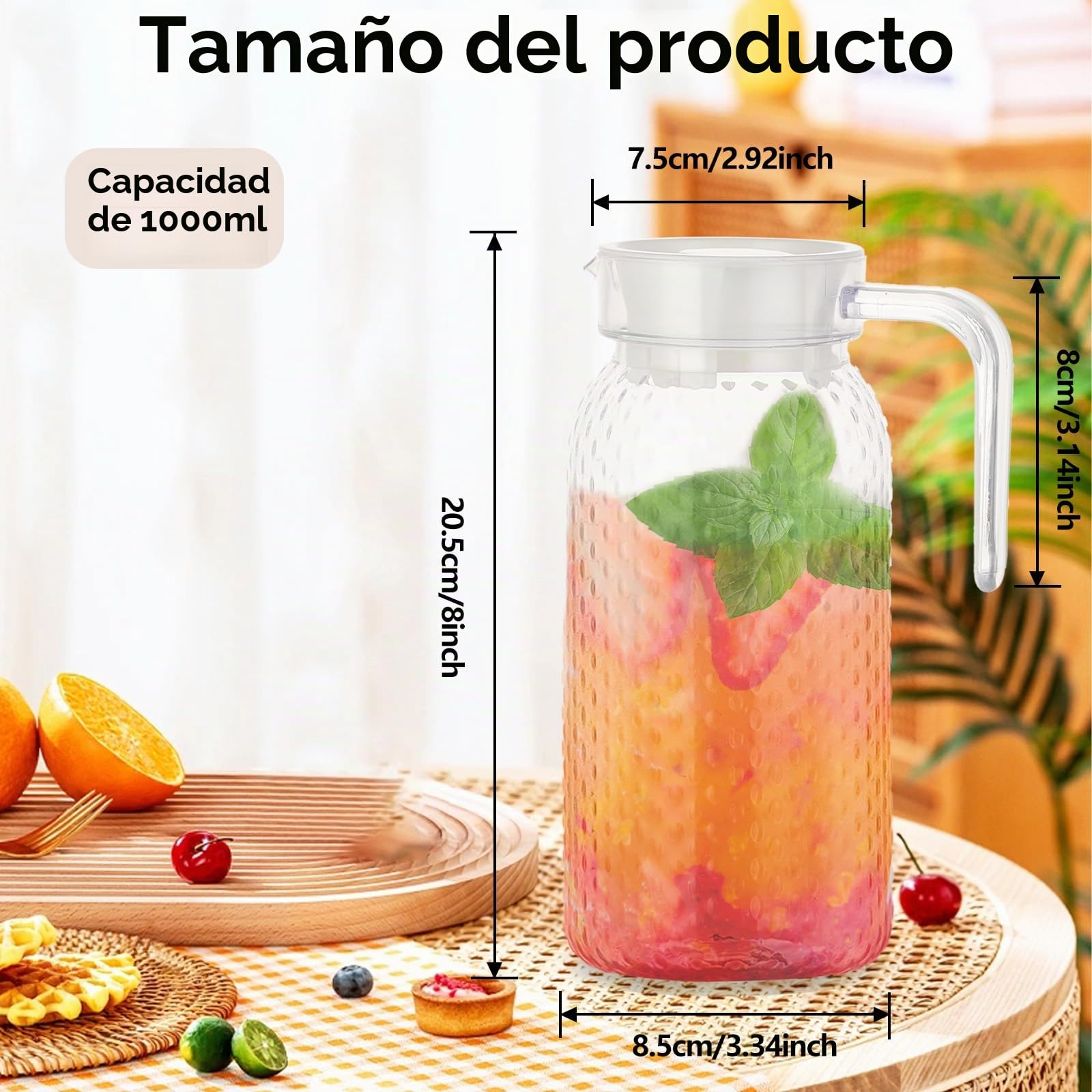 2 Piezas Jarra de Agua de Plástico con Tapa y Asa 1 Litro Jarra Transparente de Plástico para Agua, Jugo, Té, Café, Leche y Vino, Apta para Bebidas Calientes y Frías