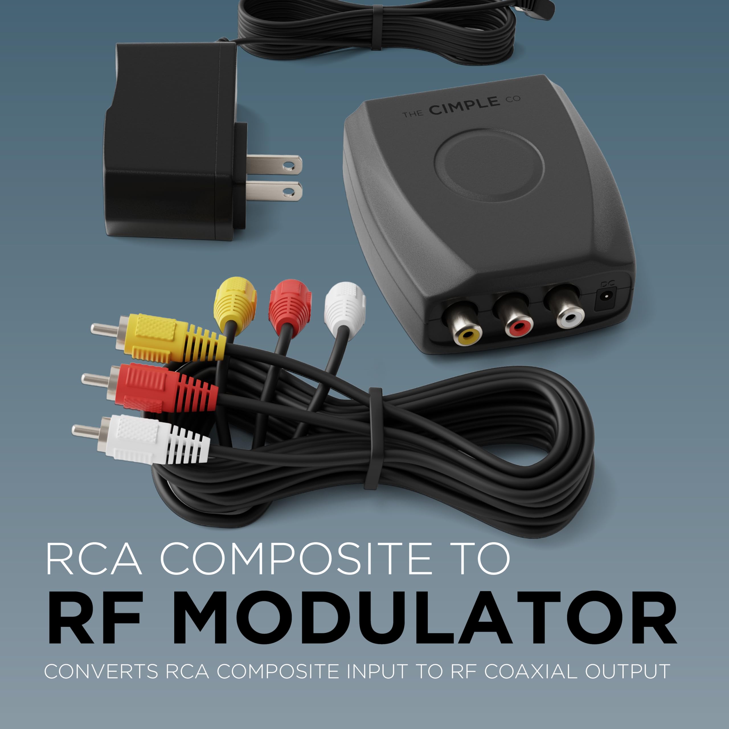 THE CIMPLE CO - RF Modulator, RCA Composite to RF Coaxial Adapter, Converts Standard Definition Signals to Coax, Watch DVD, VHS, Game Consoles on TV, Includes A/V Cable, Does Not Work in Reverse