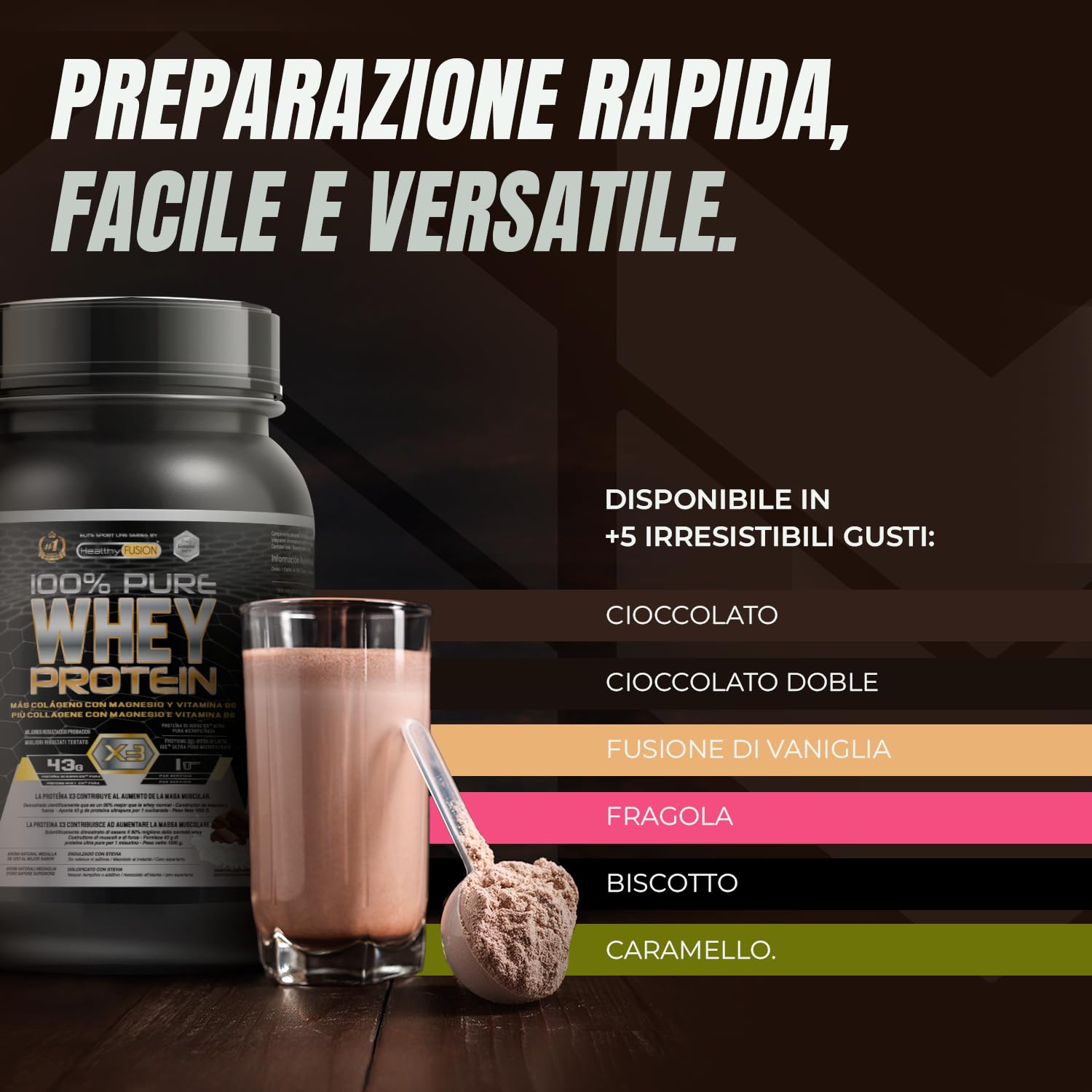 Healthy FUSION Whey protein 100% pura | Proteine whey + collagene + magnesio | Proteine del siero di latte isolate per lo sviluppo muscolare | Massa muscolare pulita | 1000 g (Cioccolato)