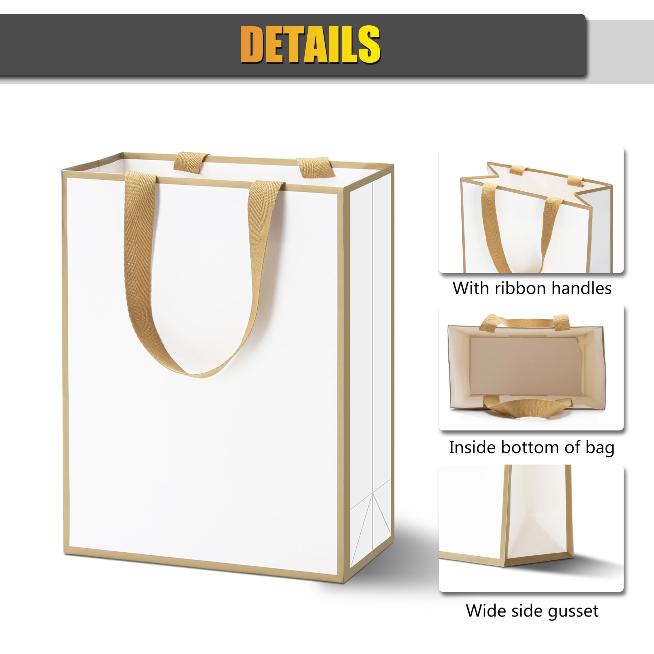 YUEYANG White Luxury Gift Bags - 10 Pack 8x10x4.25 Inch With Gold Frame For Weddings & Parties