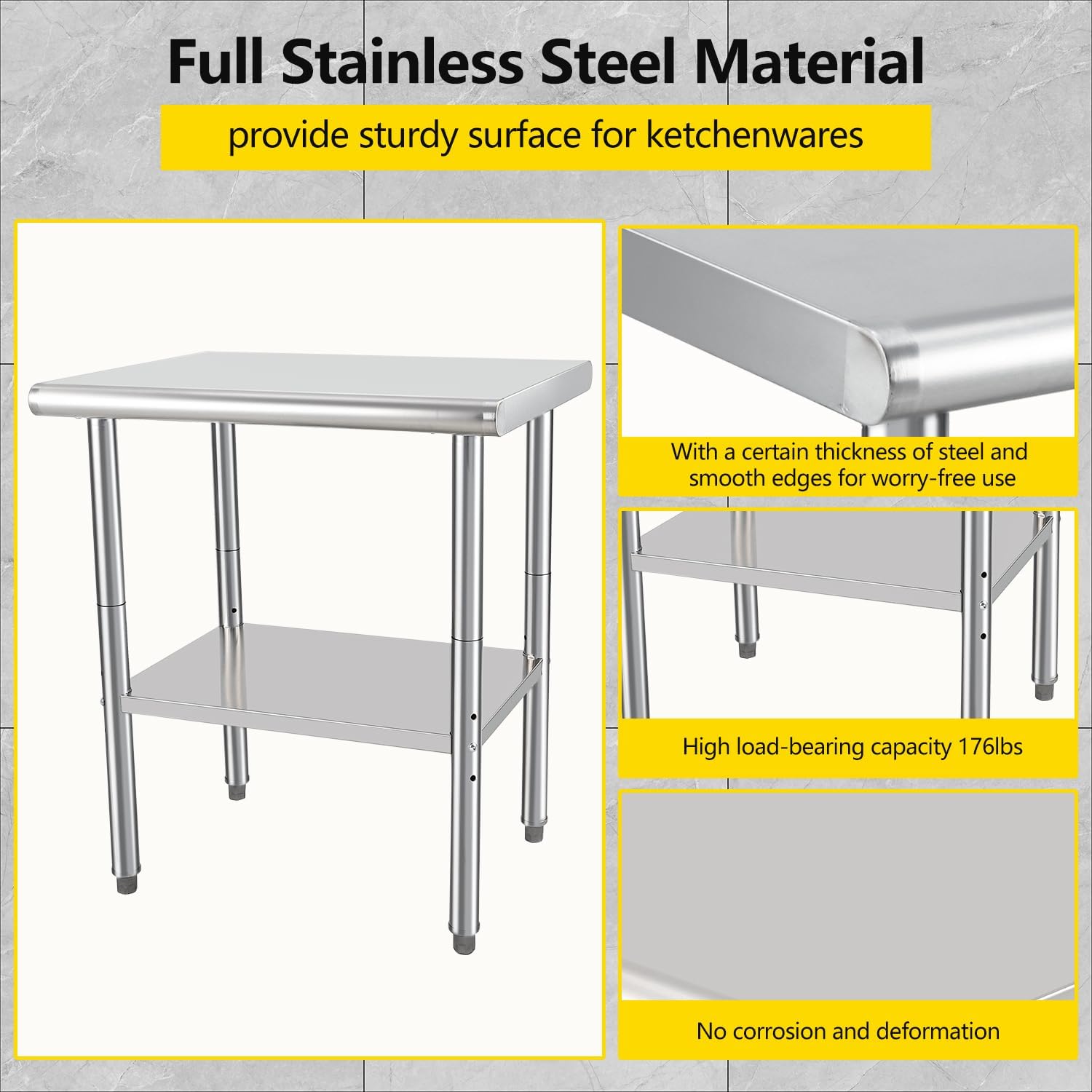 Stainless Steel Food Prep Table, 24 x 30 in NSF Commercial Kitchen Metal Table with Adjustable Lower Shelf and Plastic Feet, Steel Work Prep Table for Restaurant Home Hotel