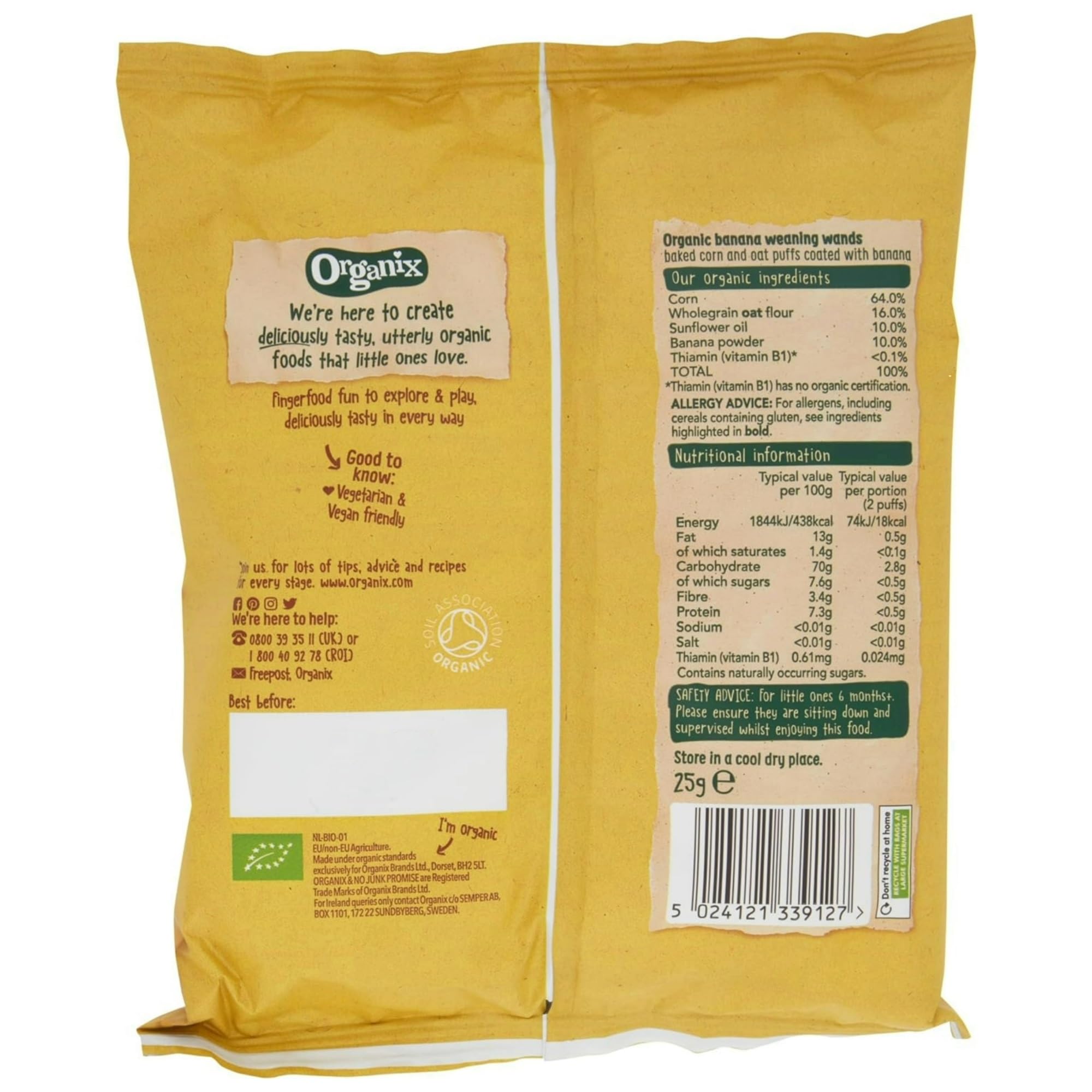 Organix Banana Weaning Wands, Organic Baby Snack, 6+ Months 25g (Pack of 5) — view 2
