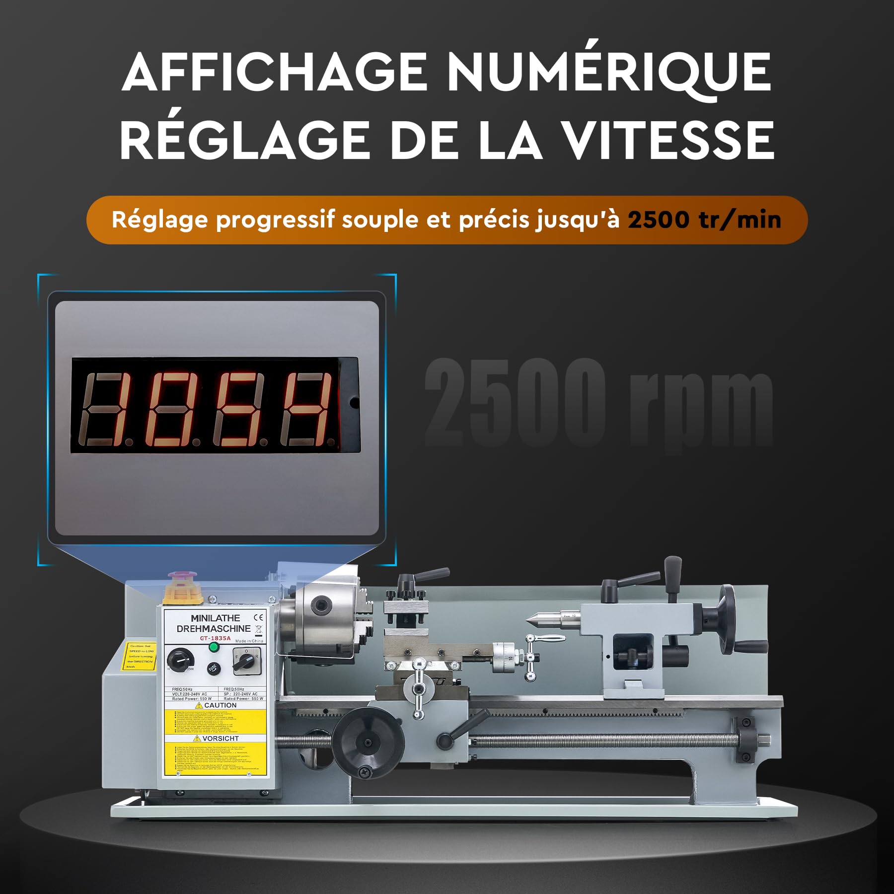 CREWORKS 550W Mini Tour à Métaux d'Établie 180x350mm 7"x14" Haute Précision avec Mandrin à 3 Mâchoires et Vitesse de Broche Max. 2500 tr/min Écran LCD pour Filetage Tournage Perçage