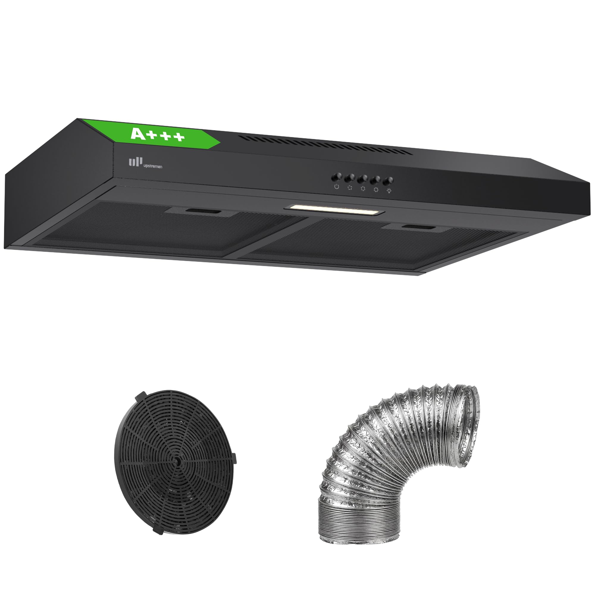 Upstreman Hotte Aspirante 60 cm, Classe A+++, 3 Vitesses (220 m³/h), Évacuation ou Recyclage avec Filtre à Charbon, Silencieuse 61 dB, Éclairage LED 1,5W, Noir, HU60