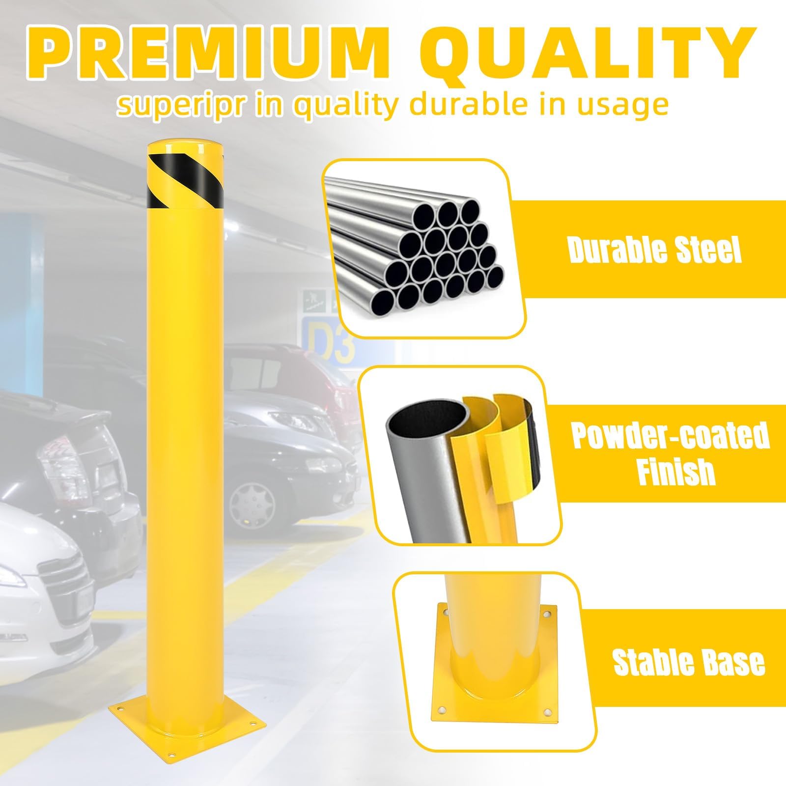 Kojem 12 Set 42 inch Steel Safety Bollard Parking Barrier Post Safety Bollard Universal for Outdoor Sidewalks Entrances Parking Lots Yellow Powder Coated Pipe Steel Bolts 42