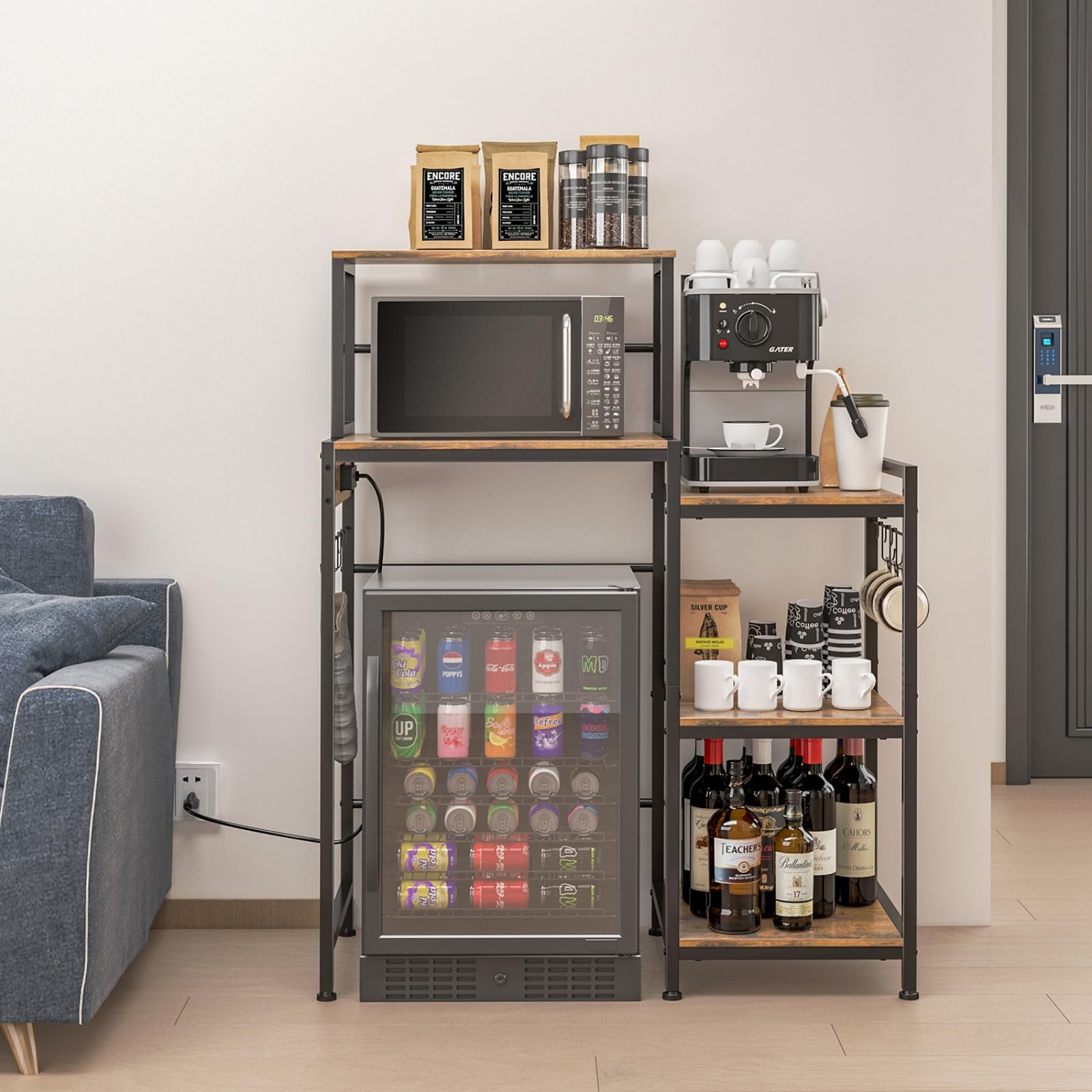 Multifunctional 6-Tier Mini Fridge & Microwave Stand with 2 AC/2 USB Outlets - Coffee Bar & Bakers Rack Storage Shelf, Mini Fridge Cabinet for Kitchen, Dorm, Living Room