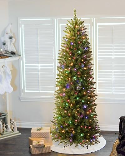 Amaoasis Árbol de Navidad preiluminado de 6.5 pies, 300 luces blancas cálidas y multicolor, árbol de Navidad delgado con bisagras, decoración