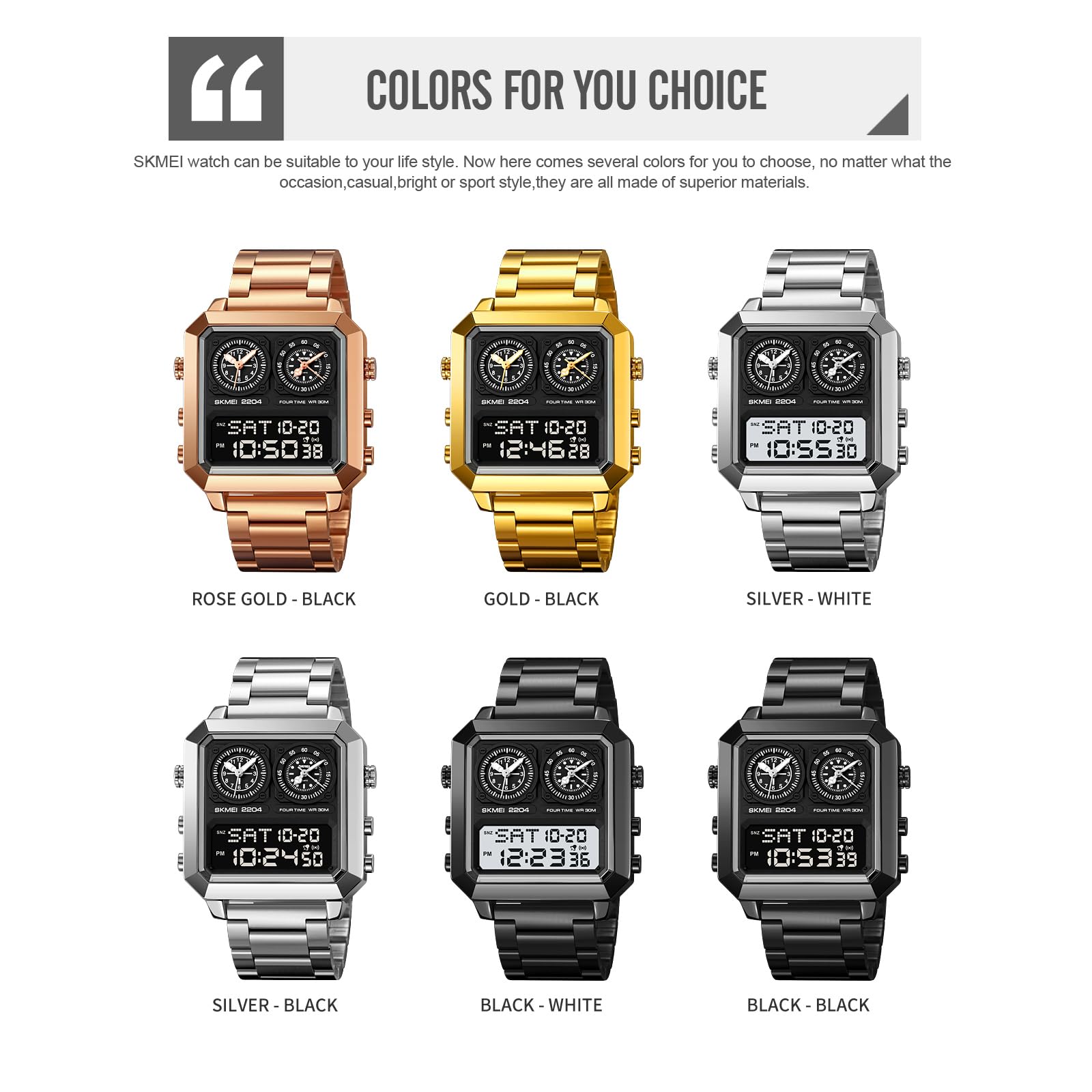 Orologio da uomo multifunzione, digitale, analogico, alla moda, casual, con luce EL, quadrante quadrato, doppio timer, conto alla rovescia, impermeabile, cinturino in acciaio inox color oro rosa