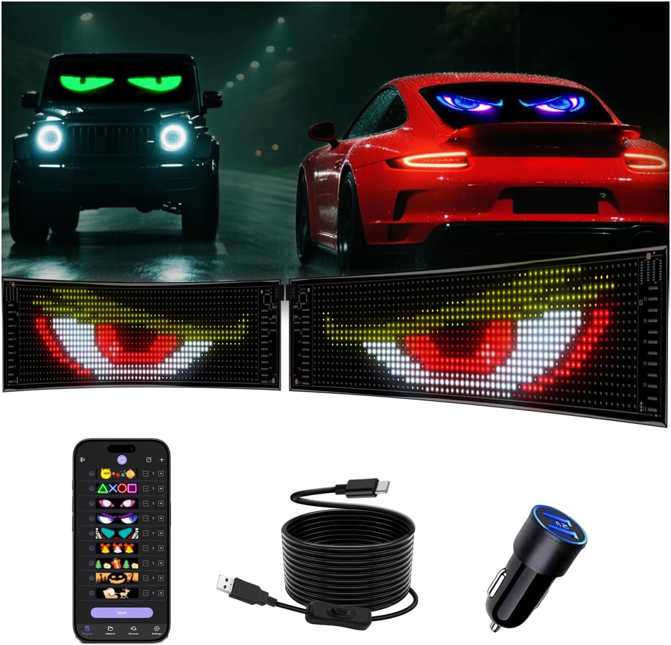 Multifunctional Bright 2PCS Devil Eyes for Cars Windshield - 15in x 4in [Upgraded Chip Two Screens 100% Synchronized] Programmable LED Eyes for Car - Flex LED Display - Sized Golf Cart/Cars/SUVs