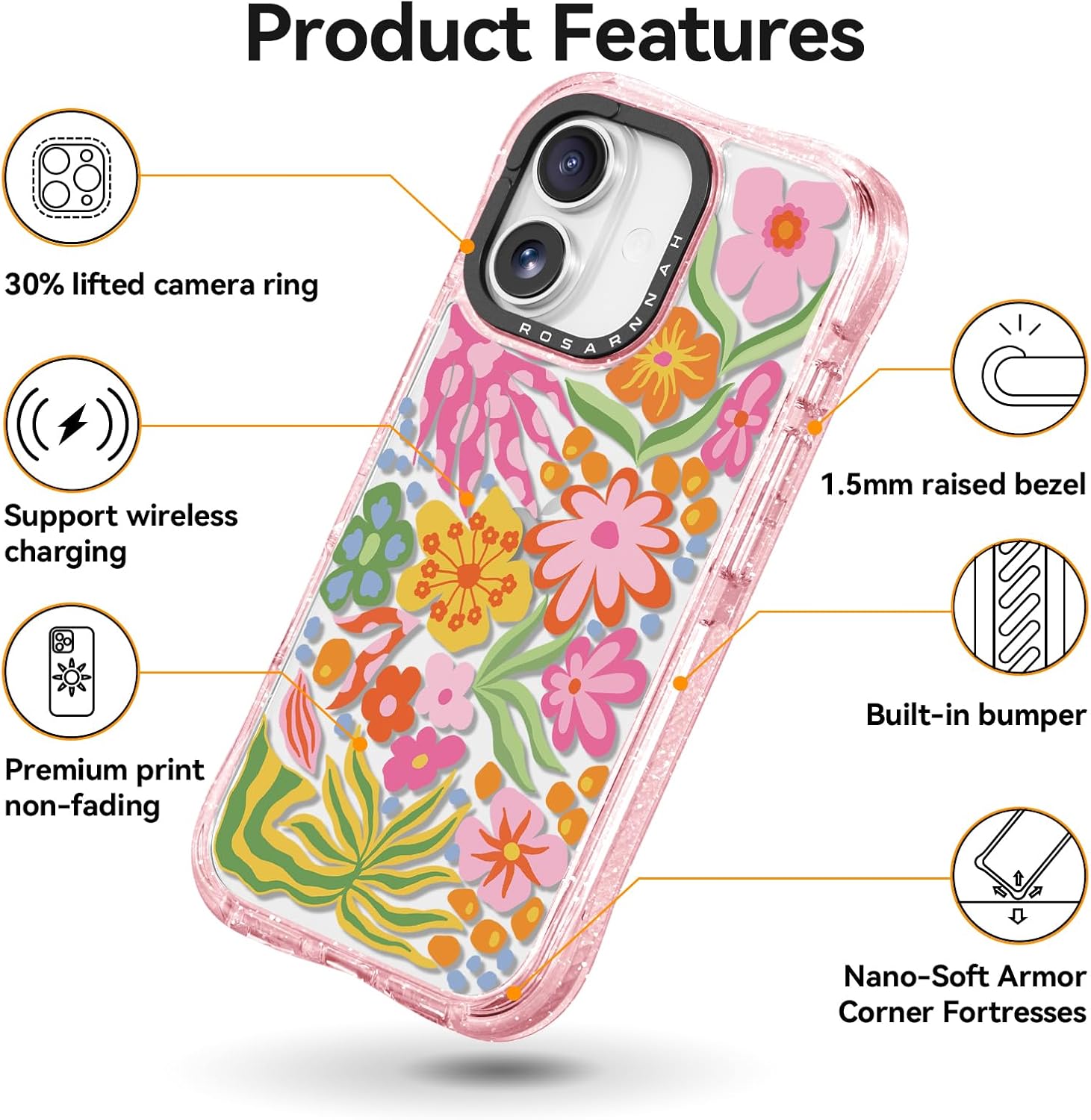 Rosarnnah for iPhone 17 Case Cute - Military-Grade 20 ft Drop Protection Shockproof Phone Case - Funny Passion Flower Design (6.3") Glitter Pink