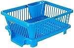 Solimo Plastic Dish Drainer with Detachable Cutlery Holder & Drain Tray | for Kitchen Dish Drying | 43.5D x 18.3W x 31.5H Cm | Blue