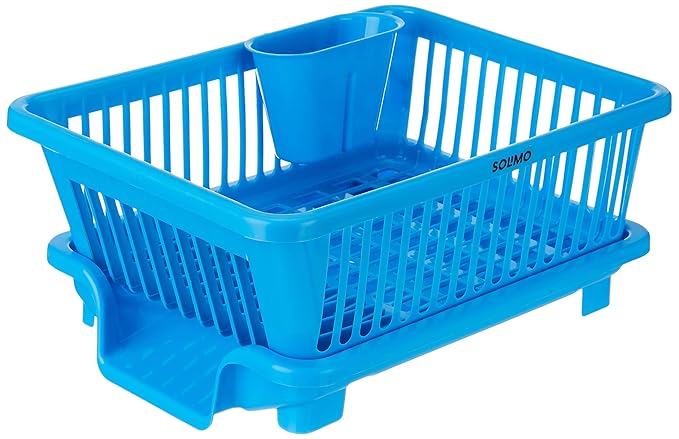 Solimo Plastic Dish Drainer with Detachable Cutlery Holder & Drain Tray | for Kitchen Dish Drying | 43.5D x 18.3W x 31.5H Cm | Blue