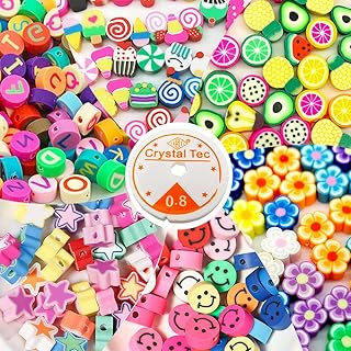 LOVECENTRAL 300PCS Cuentas de Arcilla Polimérica con línea Elástica de 6 m, Cuentas de Flores, Cuentas de Frutas, 10mm Cuentas de Colores para DIY Pulseras Collares Bisutería (D)
