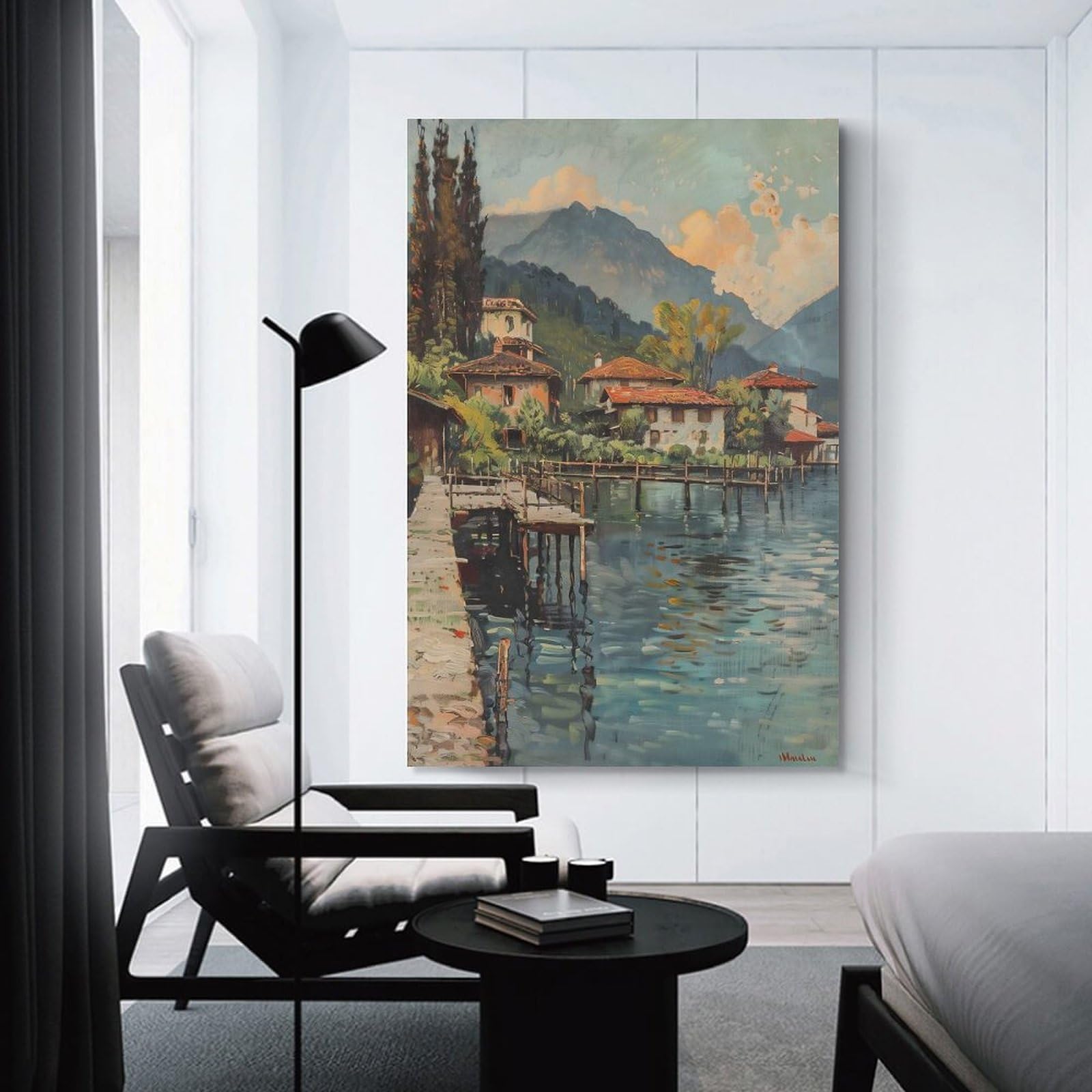 Junmoney Unframe-Style-9 Wall Picture Print Lakeside Village Painting, 24X36inch(60X90cm), For Feature Walls In Flats Or Modern Rooms, An Easy Match For Collected Prints