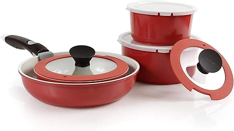 Neoflam Midas PLUS 9pc Nonstick Ceramic Cookware Set, PFOA Free Kitchenware with Saucepan, Frying Pan, Stove|Oven Pot, Tempered Glass Lids and Smart Detachable Handle, Oven Safe, Space-Saving, Red