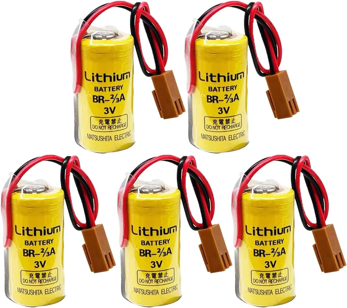 BR-2/3A BR17335 3V PLC Lithium Battery 1600mAh Replacement for FANUC A98L-0031-0006 System Battery with Brown Plug, 5PCS