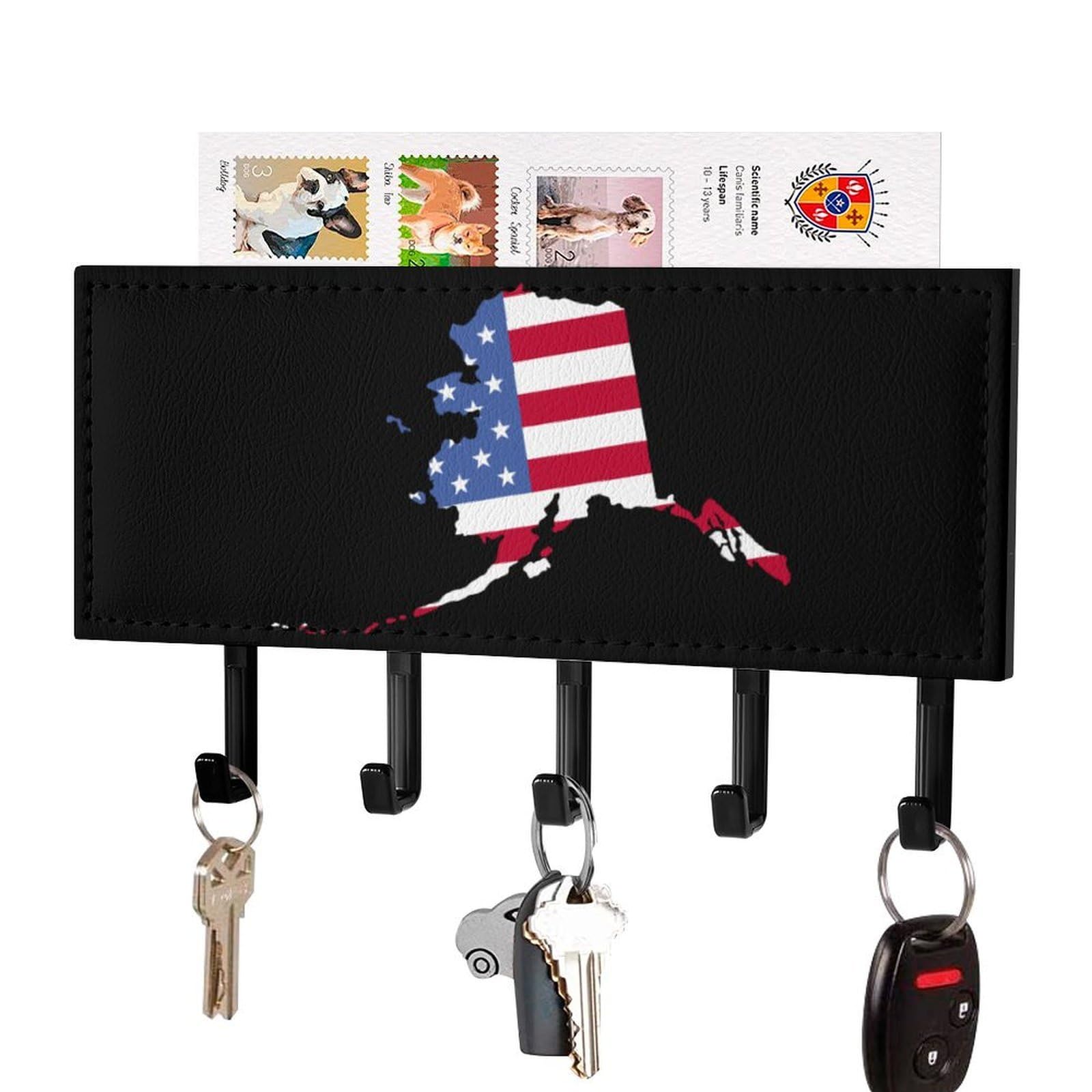 NCLQVJXZKHW Alaska State Map Flag Key Holder with 5 Hooks Key Hooks Wall Mounted Key Racks Key Hanger Organiser Shelf
