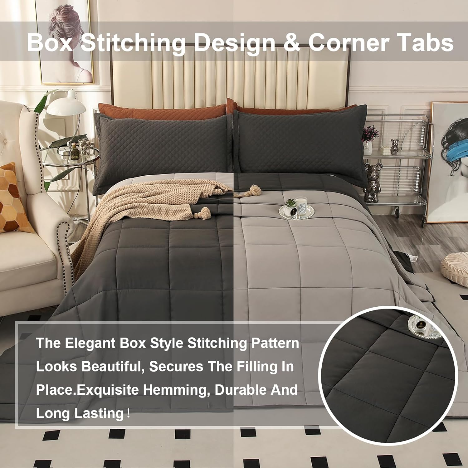 Oversized King Plus Comforter, 128x120 Extra Large King Size Quilts 3 Pieces, Lightweight Reversible All Season Down Alternative Duvet Insert Comforter with 8 Corner Tabs - Image 4