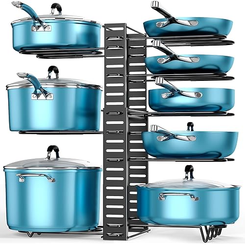 ORDORA Pots and Pans Organizer for Cabinet Expandable Height 11.65'' to 19", 8 Tier Pot Organizers Rack with 3 DIY Methods, Adjustable Pan Organizer under Cabinet Kitchen Organization and Storage