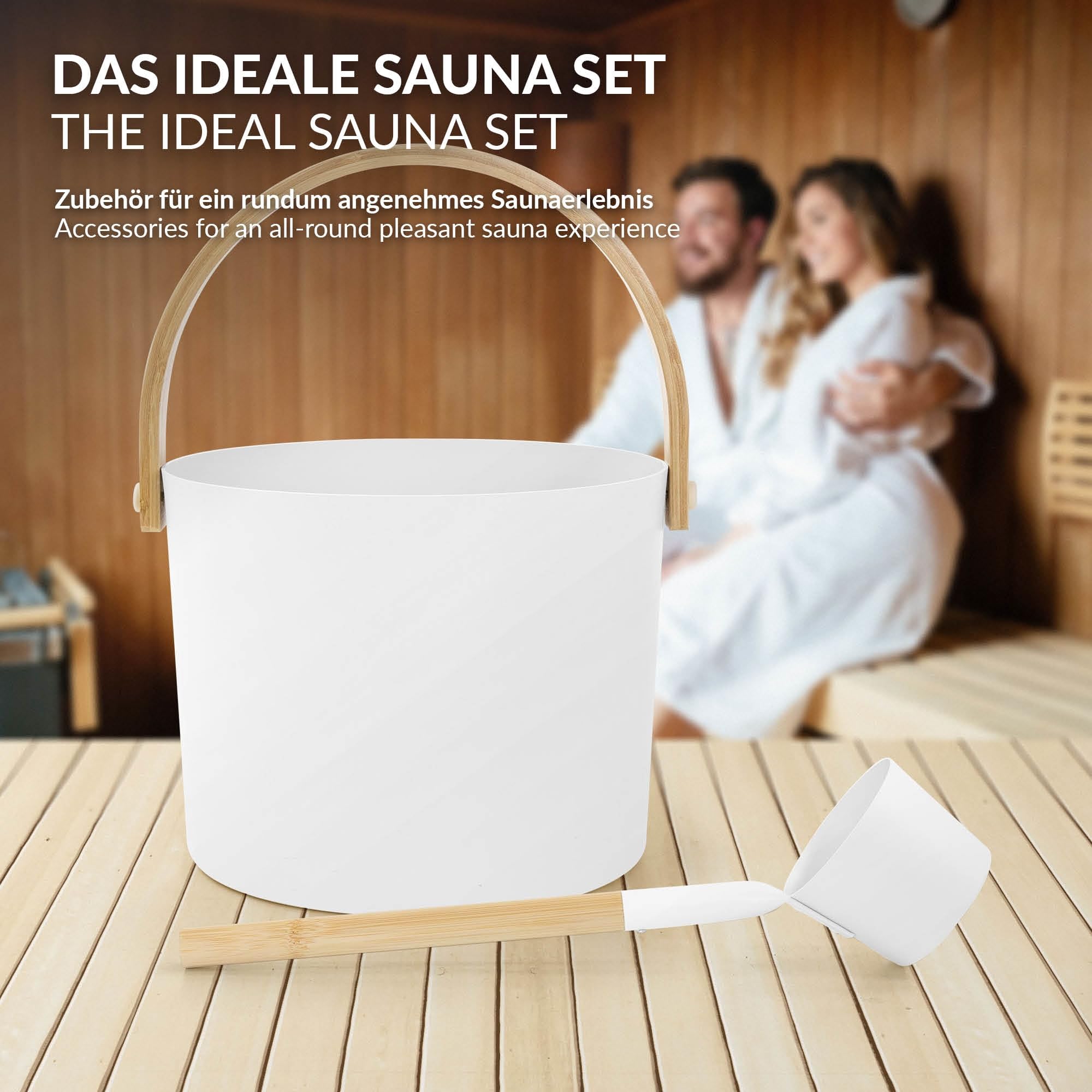 LuxeBath Saunazubehör-Set aus Aluminium & Bambus, Weiß, 2-TLG Sauna Set, Aufgusskübel mit klappbarem Griff & Schöpfkelle, Metall Saunaeimer 6L mit Schöpflöffel, Langlebiges Sauna Wassereimer Zubehör