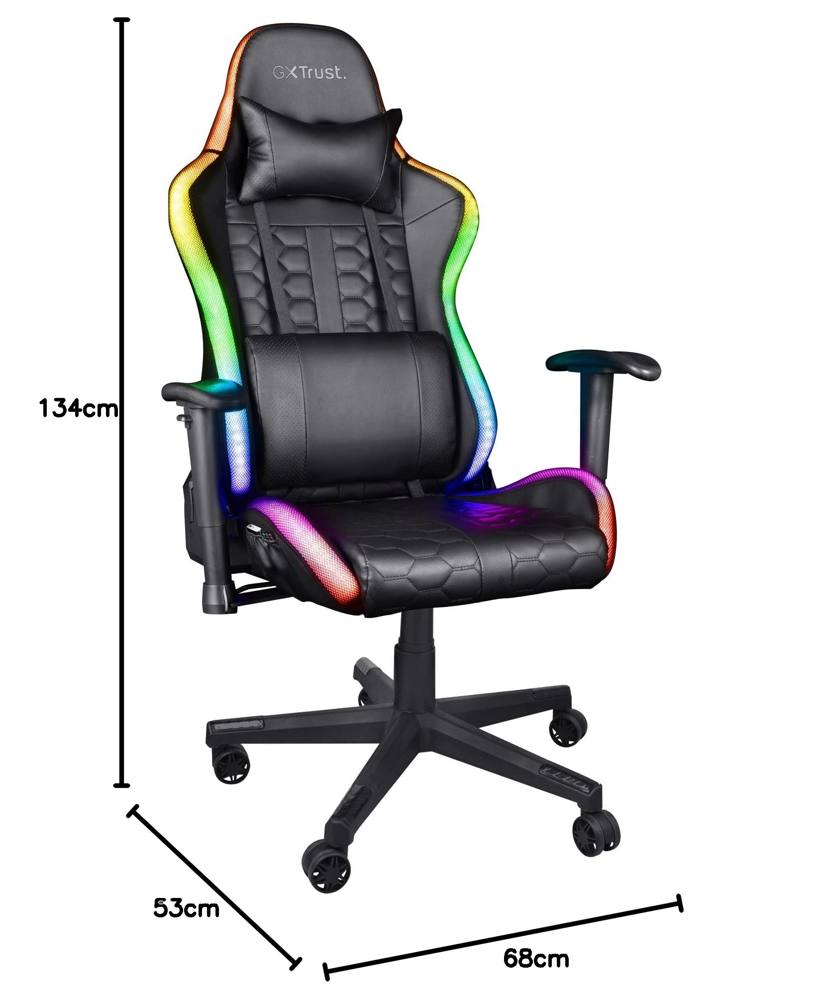 Trust Gaming Sedia da Gaming illuminata LED RGB GXT 716 Rizza - Sedia PC Ergonomica Regolabile con 350 Colori, Totalmente Girevole, con Cuscini Removibili - Nero
