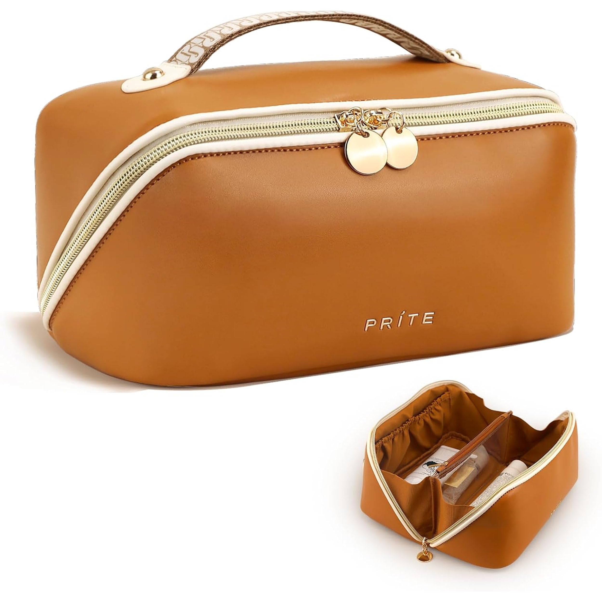 Makeup Bag for Women Travel Waterproof Vegan Leather Cosmetic Bag Open Flat Toiletry Bag With Clear Divider and Handle (Brown)