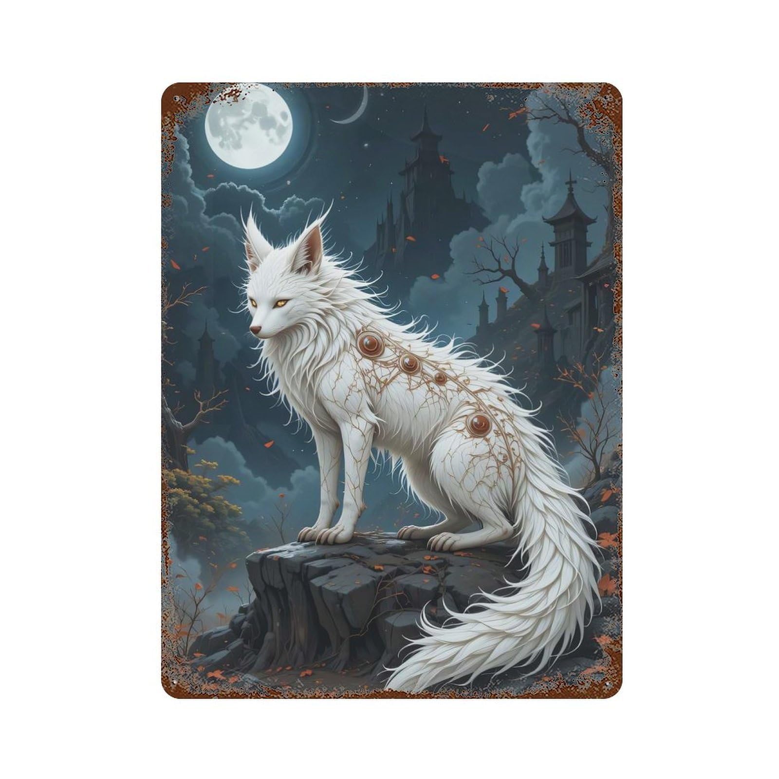 Garage Style Art Fox with Mystical Markings Rusty Metal Tin Sign 15.7"x11.8", Classic Wall Plaque for Bar And Workshop