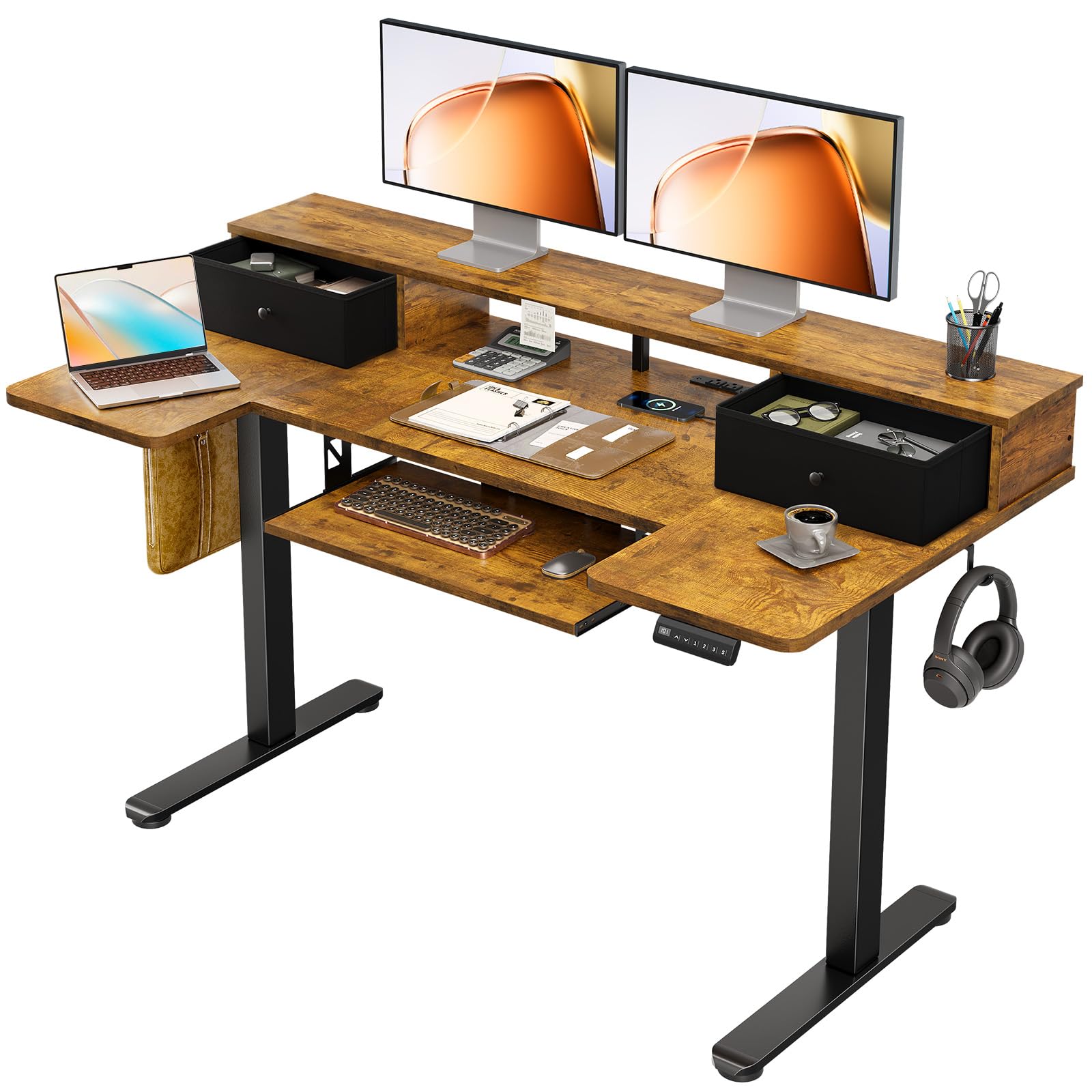 OffiGo 55 Inch U Shape Standing Desk, Keyboard Tray &amp; Drawers, Rustic Brown