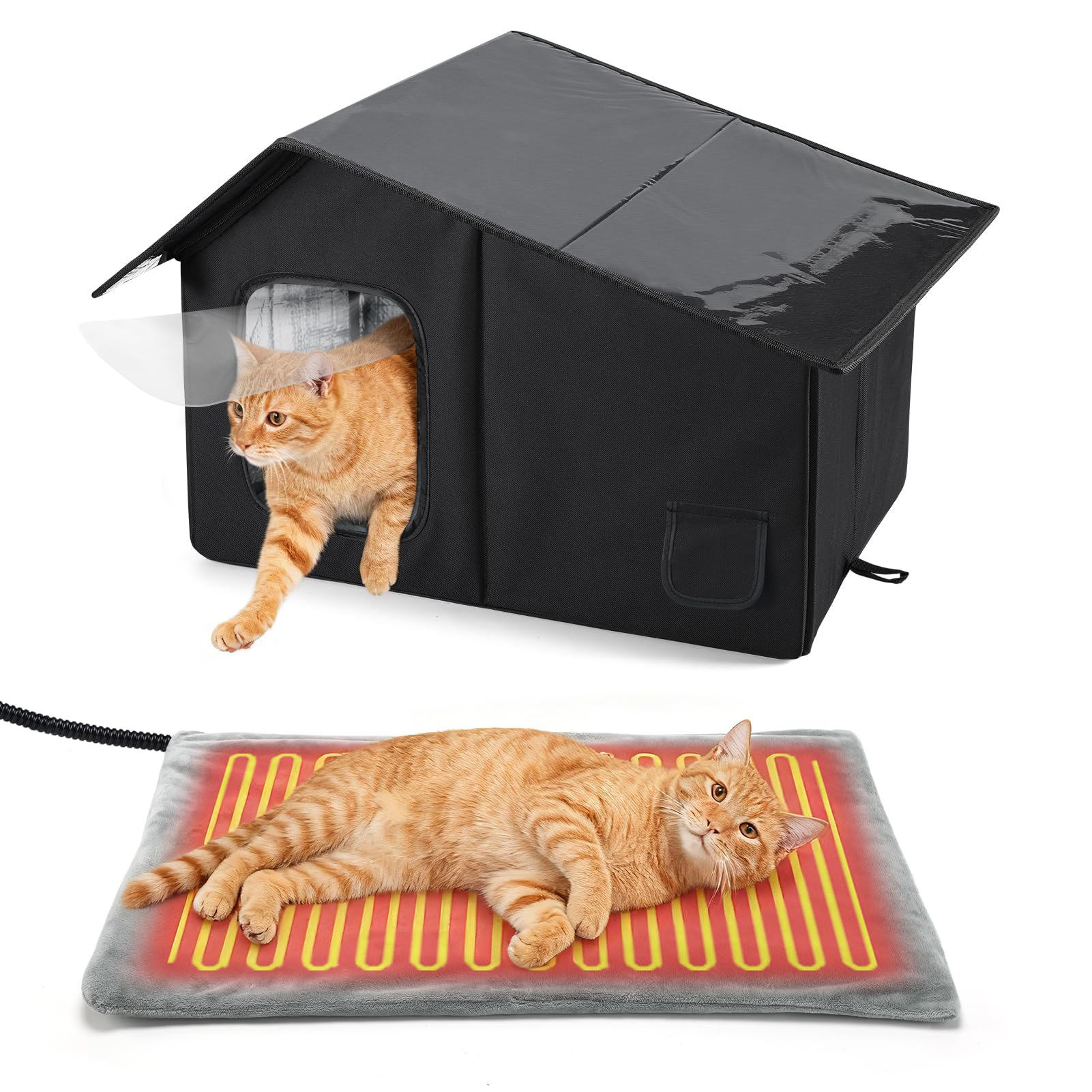 Weatherproof Heated Cat Houses for Outdoor Cats - Insulated Cat Shelter for Winter with Thermostatic Heating Pad and Escape Door, Warm Outside Pet House Gift for 1-2 Feral Cats (Black)