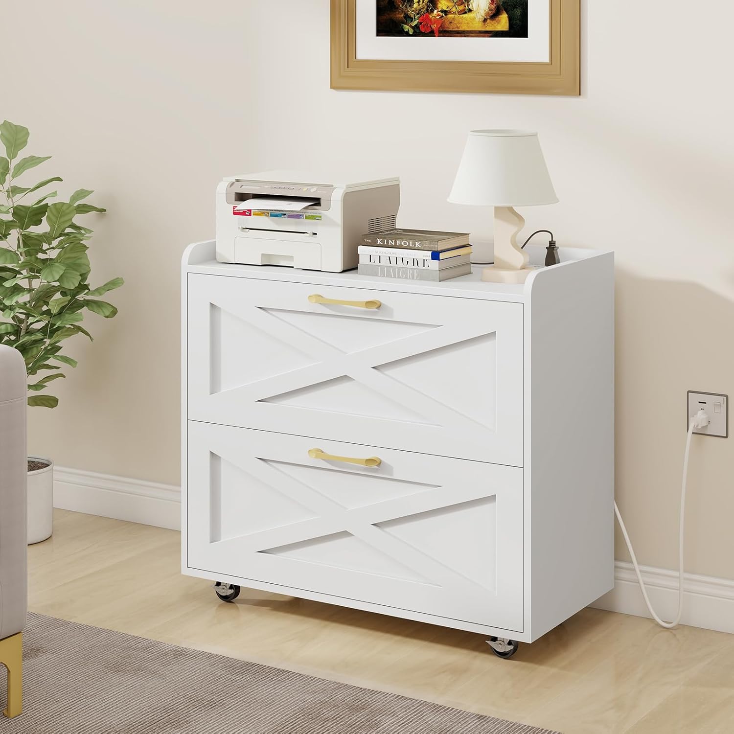 Halitaa Lateral File Cabinet 2 Drawers Mobile File Cabinet with Charging Station for Letter/Legal/A4 Size Hanging Files, Large Wood File Storage Cabinets Printer Stand for Home Office, Simple White