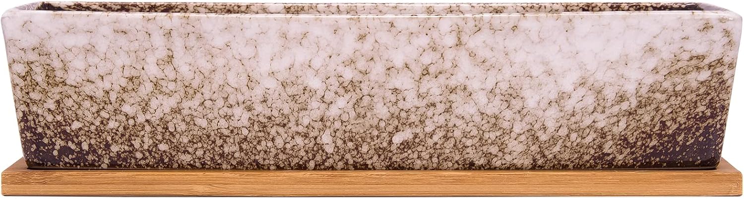 Succulent Pots - Large Succulent Planter Pots with Drainage, 12 Inch Long Rectangle Bonsai Pot with Bamboo Tray Shallow Ceramic Cactus Flower Planter Window Box for Home Garden Decor (White)