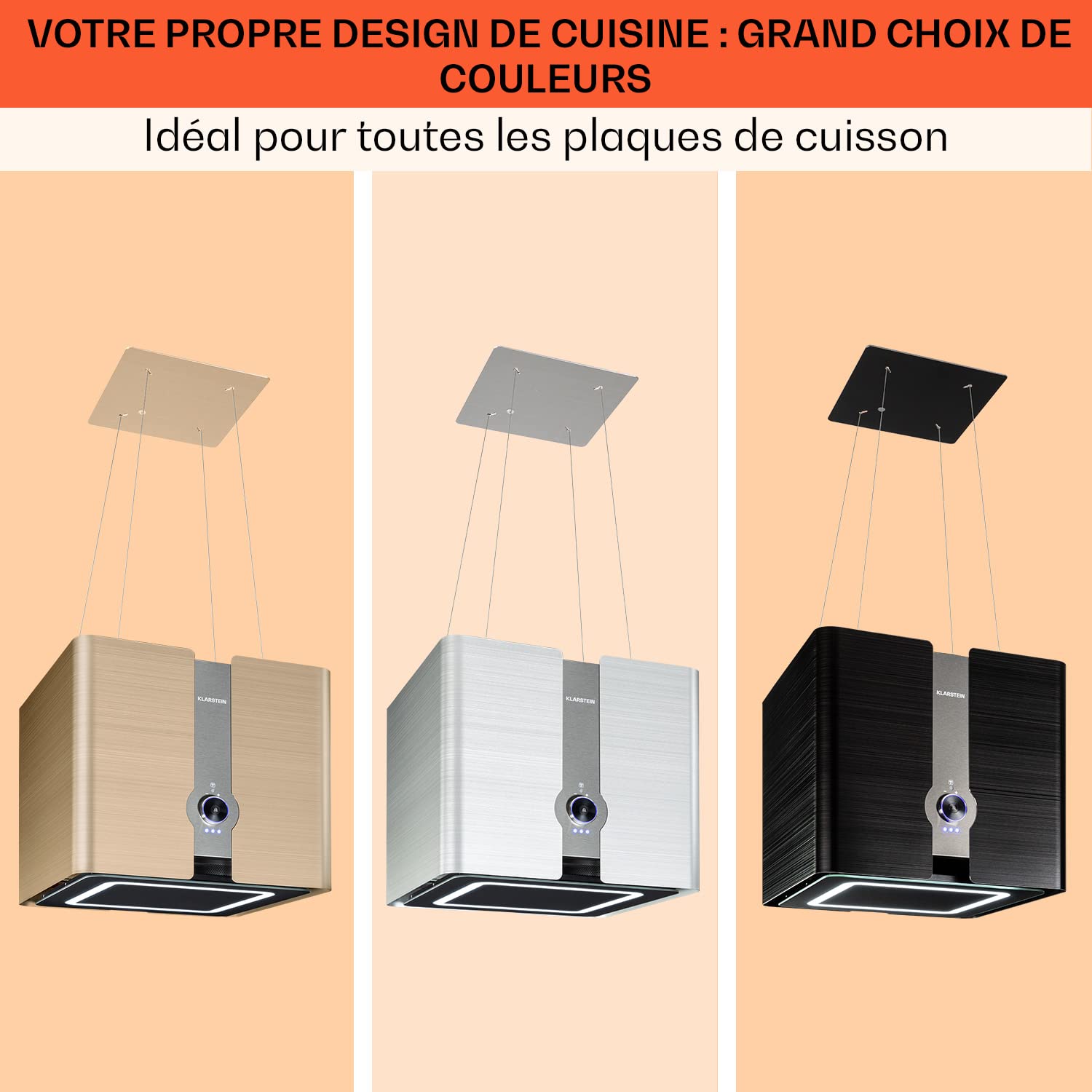 Klarstein Futurelight Smart Hotte aspirante suspendue - Hotte à recyclage avec débit de 413 m³/h, îlot à recyclage avec éclairage LED, acier inoxydable, noir
