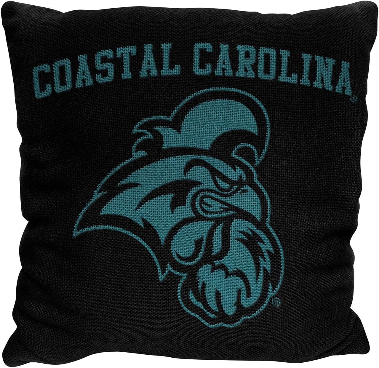 Decorative State College & University Throw Pillow for Couch & Bed, Square Woven Stuffed Pillow with Team/School Colors, Name, and Logo, 14" x 14" (Coastal Carolina Chanticleers - Black,)