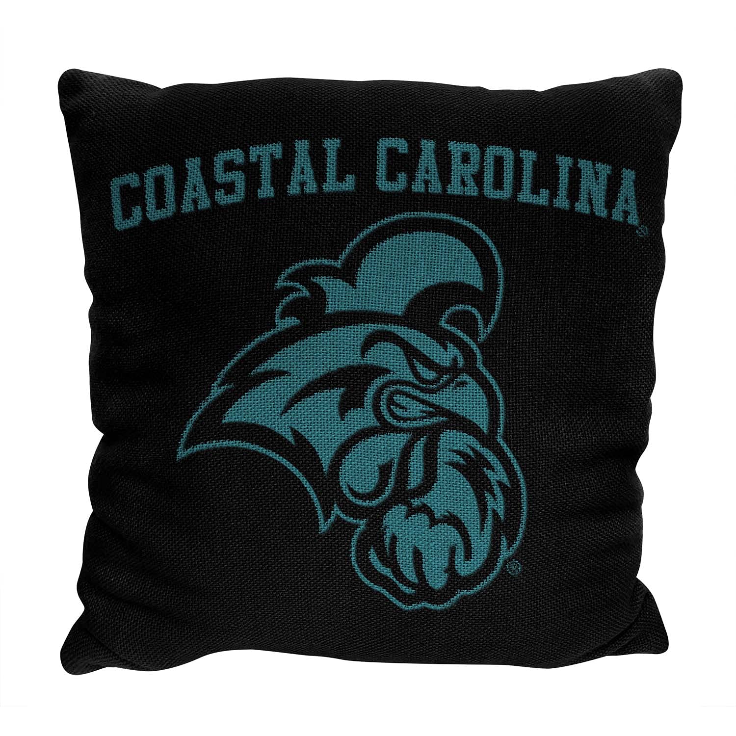 Decorative State College & University Throw Pillow for Couch & Bed, Square Woven Stuffed Pillow with Team/School Colors, Name, and Logo, 14" x 14" (Coastal Carolina Chanticleers - Black,)