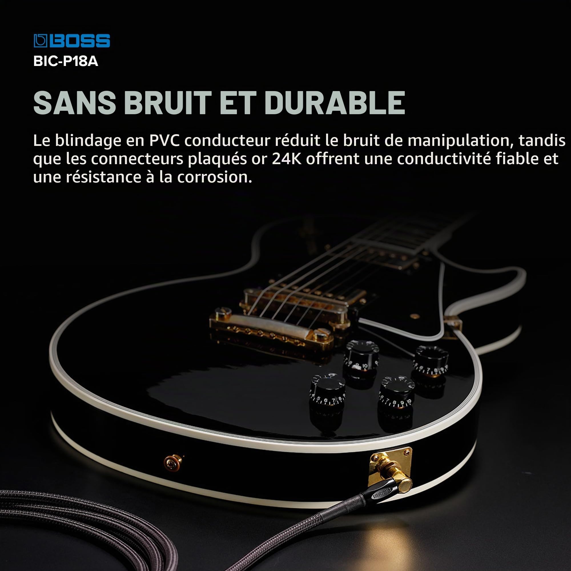 Câble d'instrument ultra haute fidélité GAMME BIC-P18A – 18ft / 5.5m – Connecteurs jack 1/4 de pouce droit à coudé plaqués or 24 carats – Pour guitare et basse, pour un son de qualité supérieure