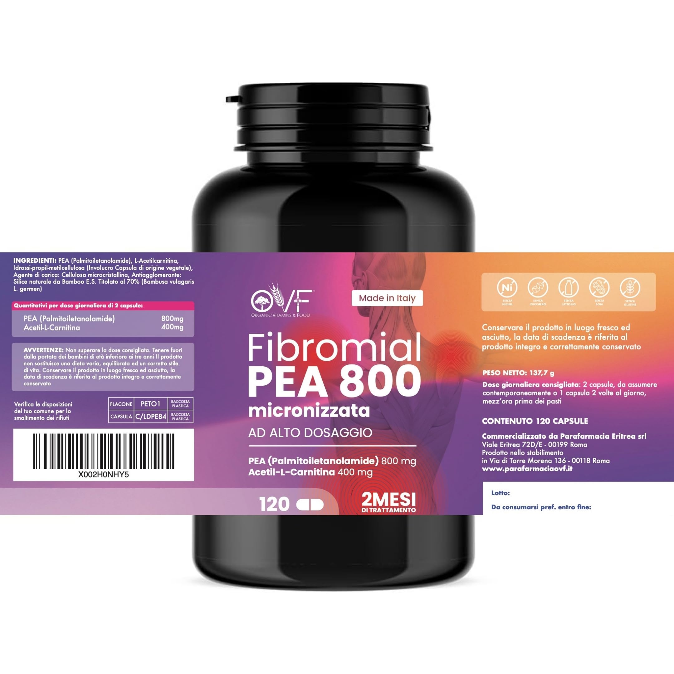 OVF Fibromial PEA 800 120cps Integratore Naturale 100% con Palmitoiletanolamide 800 L Acetil Carnitina 400 Senza Eccipienti, Supporto al Benessere di Nervi e Muscoli per Disturbi Diffusi Made In Italy