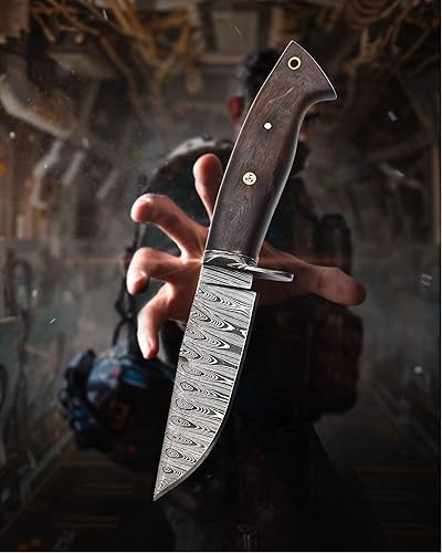 Miniatura 9 de Cuchillo de caza de Damasco hecho a mano con funda de cuero de transporte horizontal, cuchillo de hoja fija de espiga completa para campamento,
