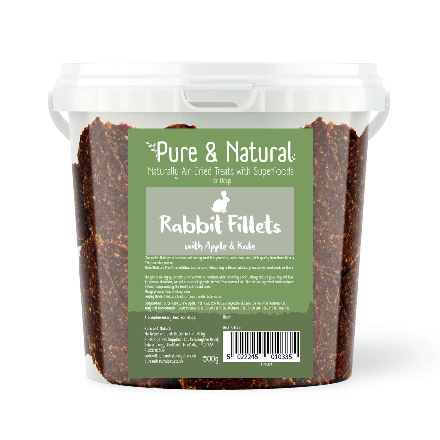 Pure & Natural Superfoods Air Dried Rabbit Fillets Treats with Apple & Kale - Meat and Healthy Treats for Dogs Skin - Tub 500g