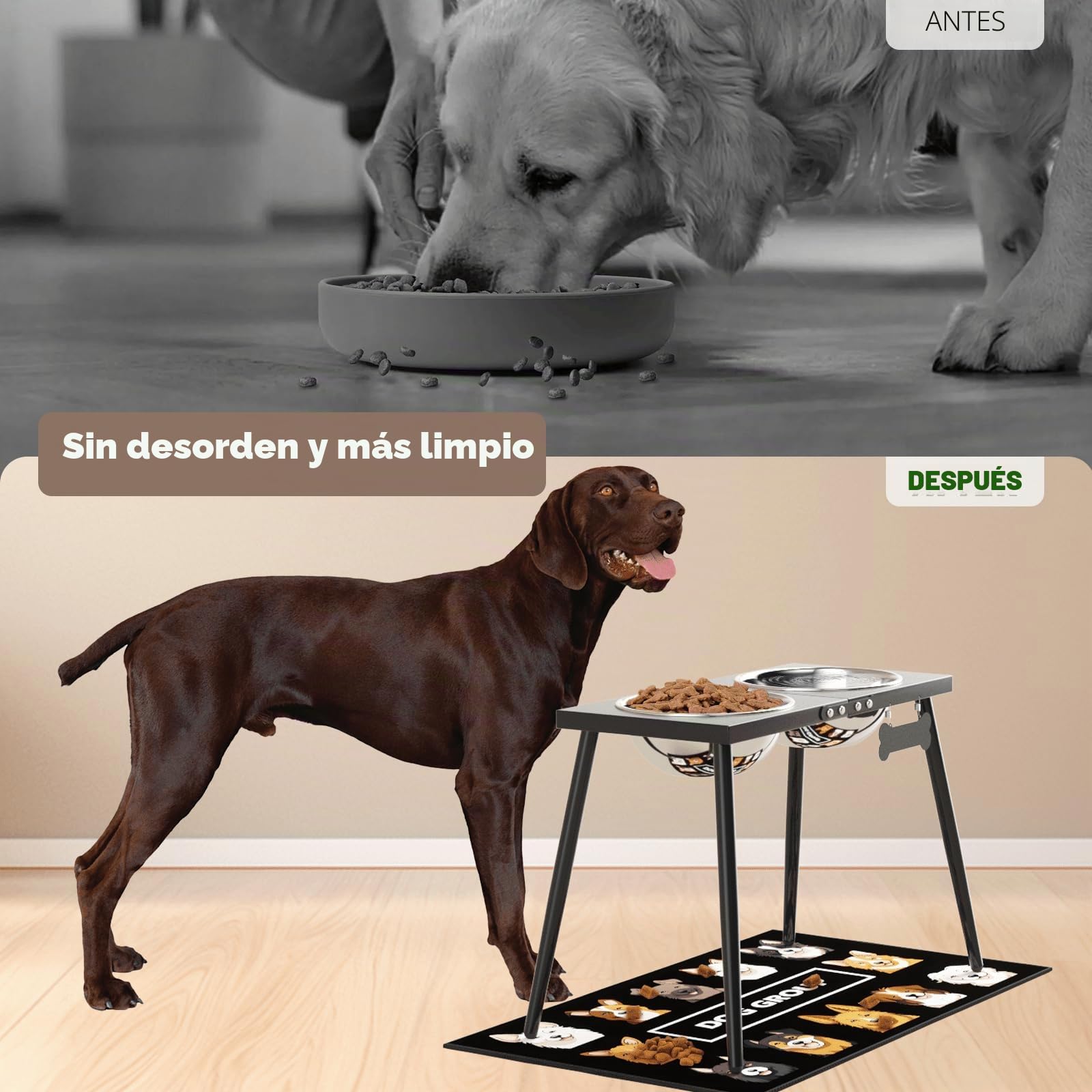 ADENGL Cuencos elevados de metal para perros, soporte elevado de 17 pulgadas de alto, soporte elevado para perros con cuencos de acero inoxidable de 3000 ml y alfombrilla a prueba de salpicaduras para