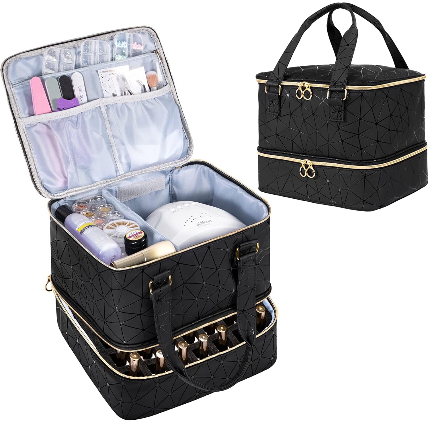 Uross Nagellack Aufbewahrung Kosmetik Organizer für 42 Nagellackflaschen und 1 LED-Nagellampe, Nagellack Aufbewahrung Tasche für Nageldesign Zubehör（Schwarz)